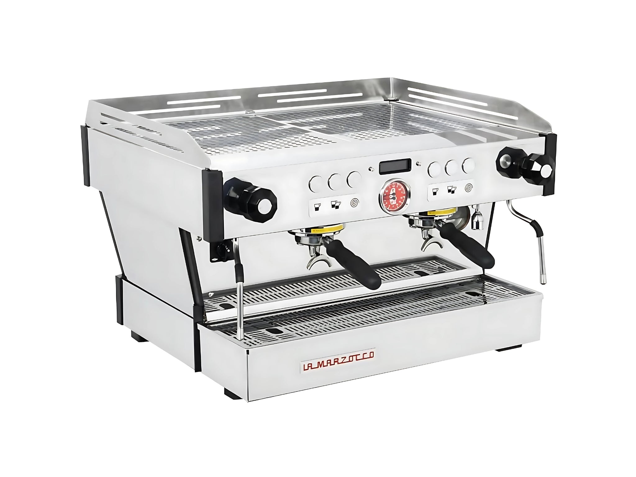 A new La Marzocco Linea PB 2 Group Espresso Coffee Machine in Stainless Steel on a white background. The machine is photographed on an angle facing the right the front and side of the machine is visible.