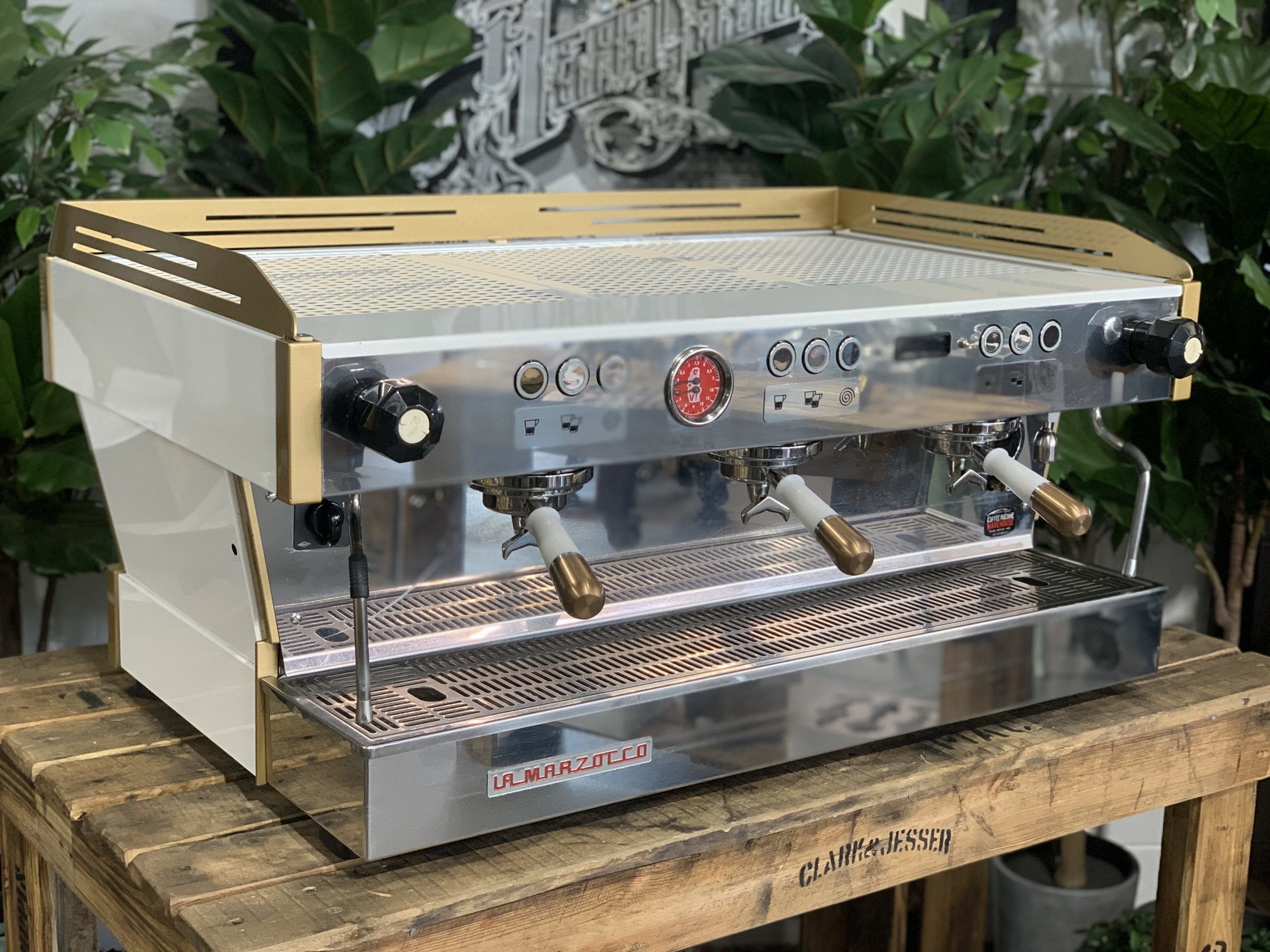 La Marzocco Linea PB 3 Group White & Gold with Pesado Handles