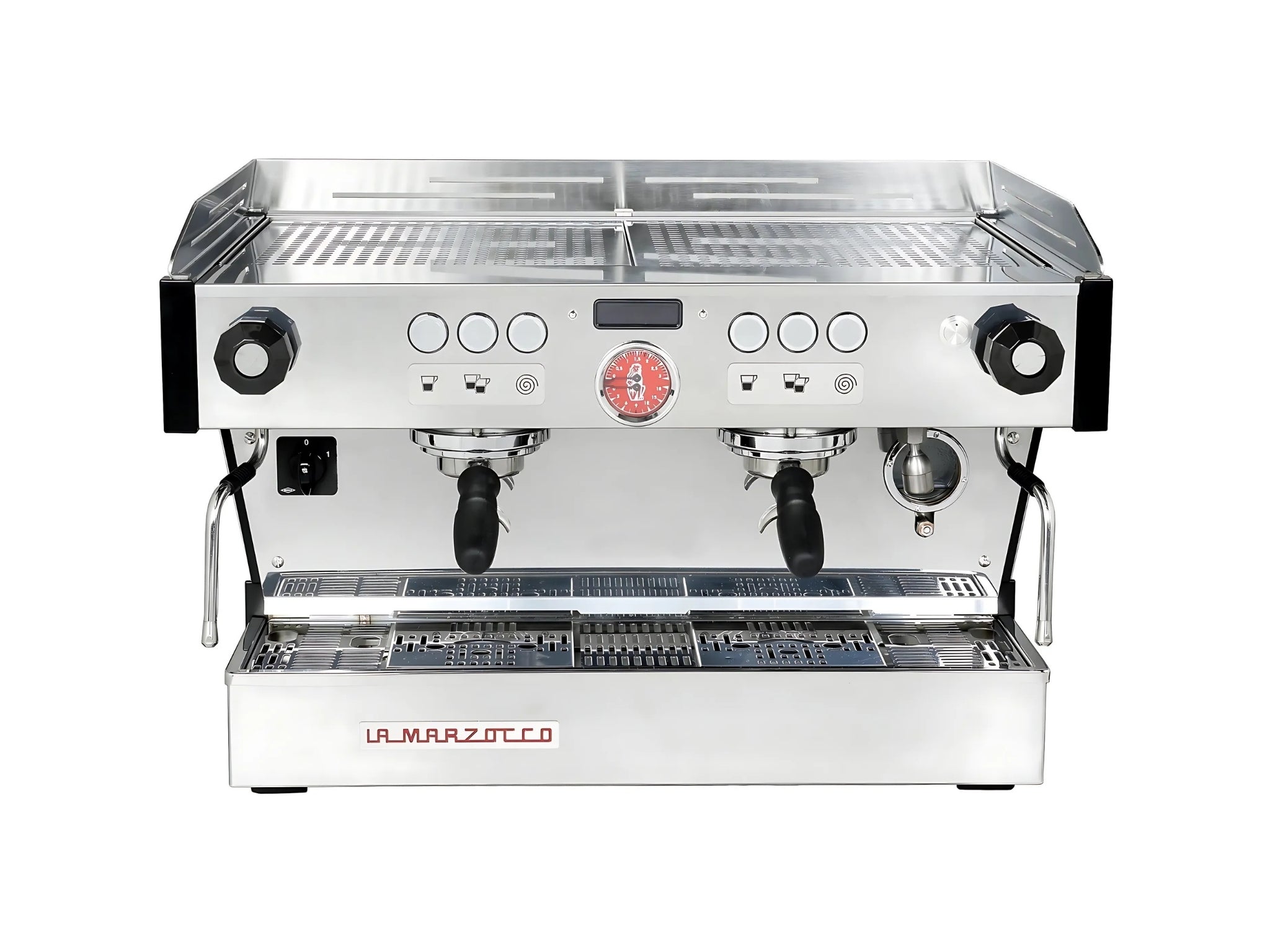 La Marzocco Linea PB ABR 2 Group Coffee Machine Stainless - New front view capturing the top of the machine with cup tray, three group heads, dual steam wands, and stainless steel finish on a clean white background.