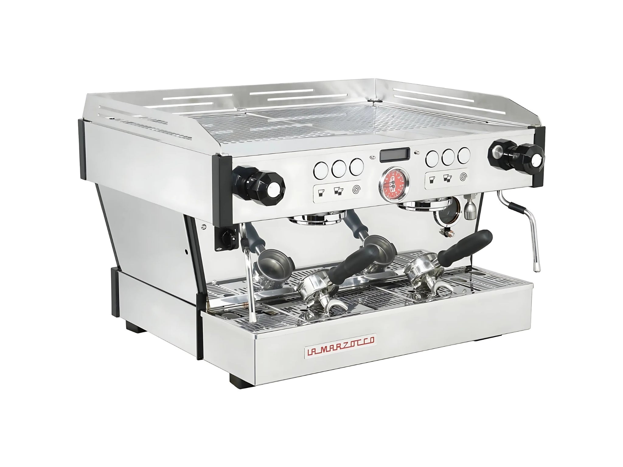 La Marzocco Linea PB ABR 2 Group Coffee Machine Stainless - New angled view showing the stainless steel body, dual group heads, dual steam wands, digital LCD display, and drip tray on a clean white background, highlighting its professional espresso coffee machine design.