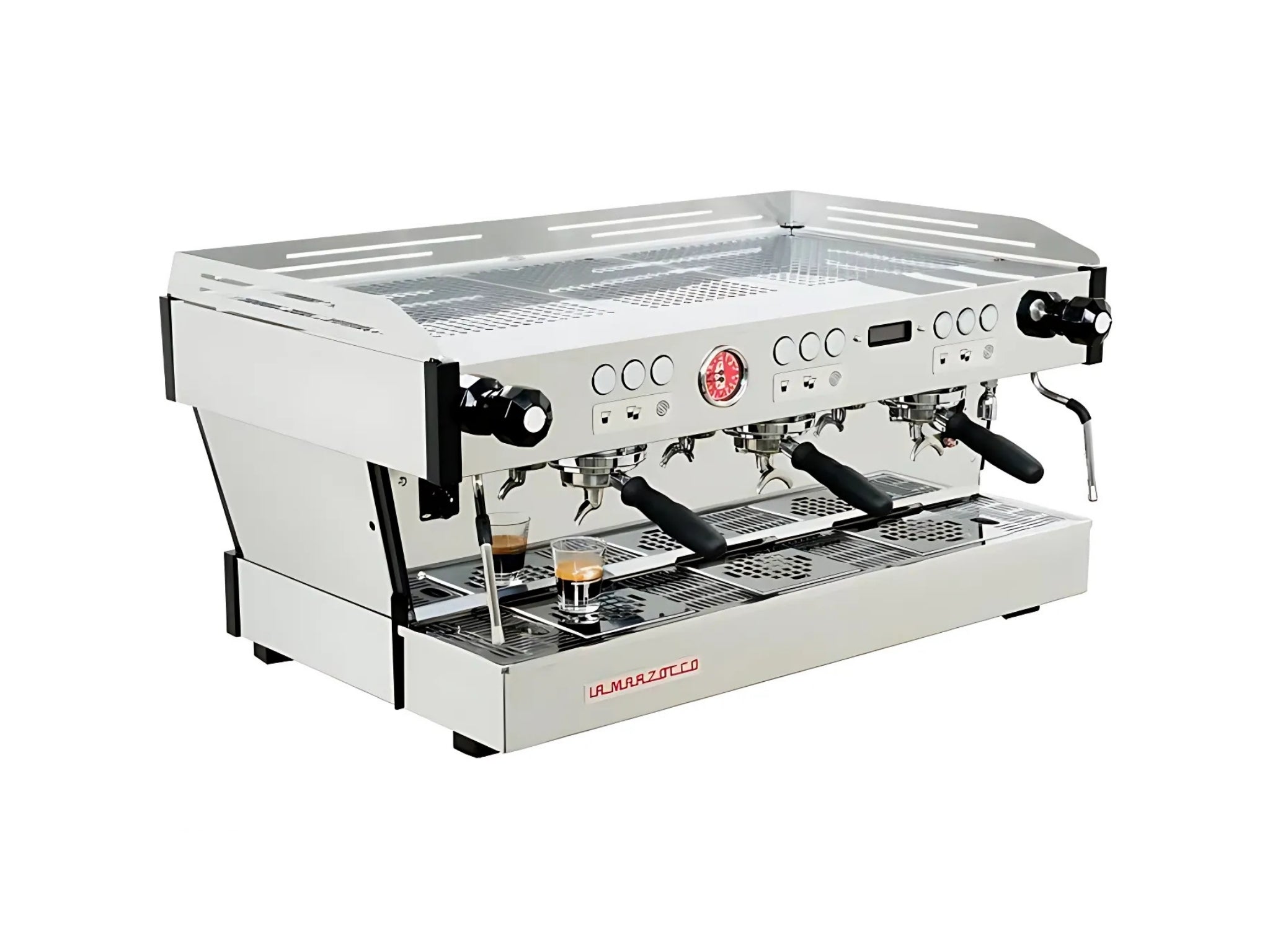 La Marzocco Linea PB ABR 3 Group Coffee Machine Stainless - New, angled view showing stainless steel body, three group heads, dual steam wands, ABR drip tray with integrated scales, digital LED display, and barista lights on a clean white background.