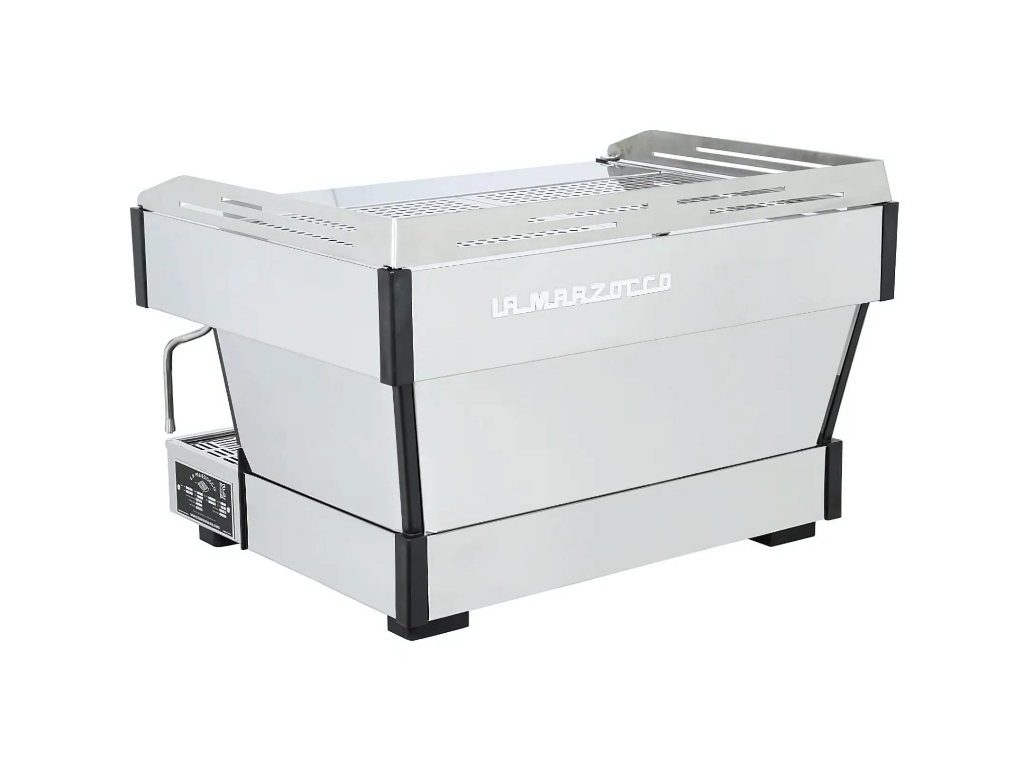 La Marzocco Linea PB X ABR 2 Group Espresso Coffee Machine Stainless – Brand New, angled back view showing rear panel design, stainless finish, and ventilation, on a white background.