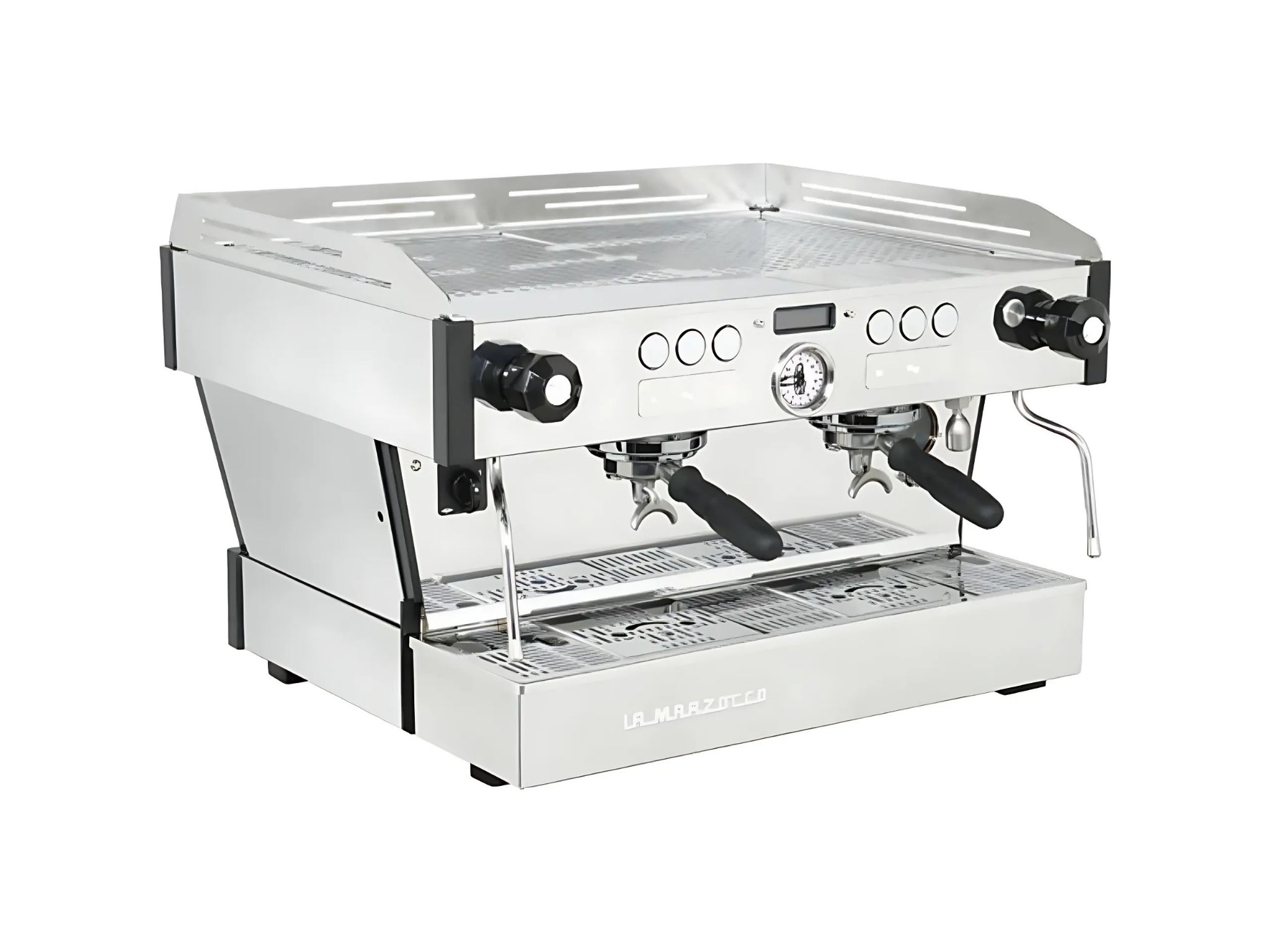 La Marzocco Linea PB X ABR 2 Group Espresso Coffee Machine Stainless – Brand New, angled view showing dual group heads, steam wands, and stainless steel body on a clean white background.