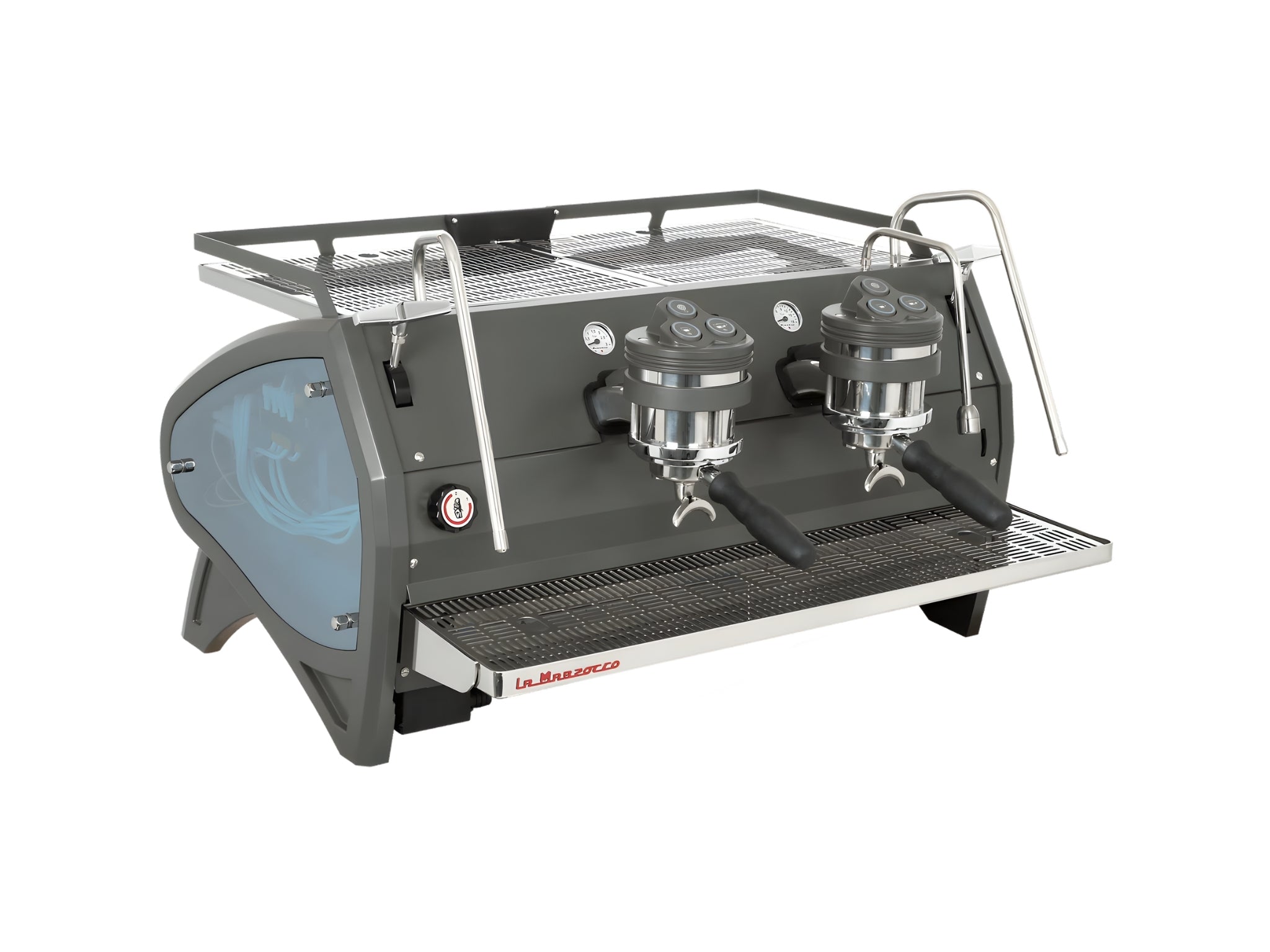 La Marzocco Strada S 2 Group Stainless espresso coffee machine angled view on a white background, showing group heads, PID display, and pro touch steam wands.