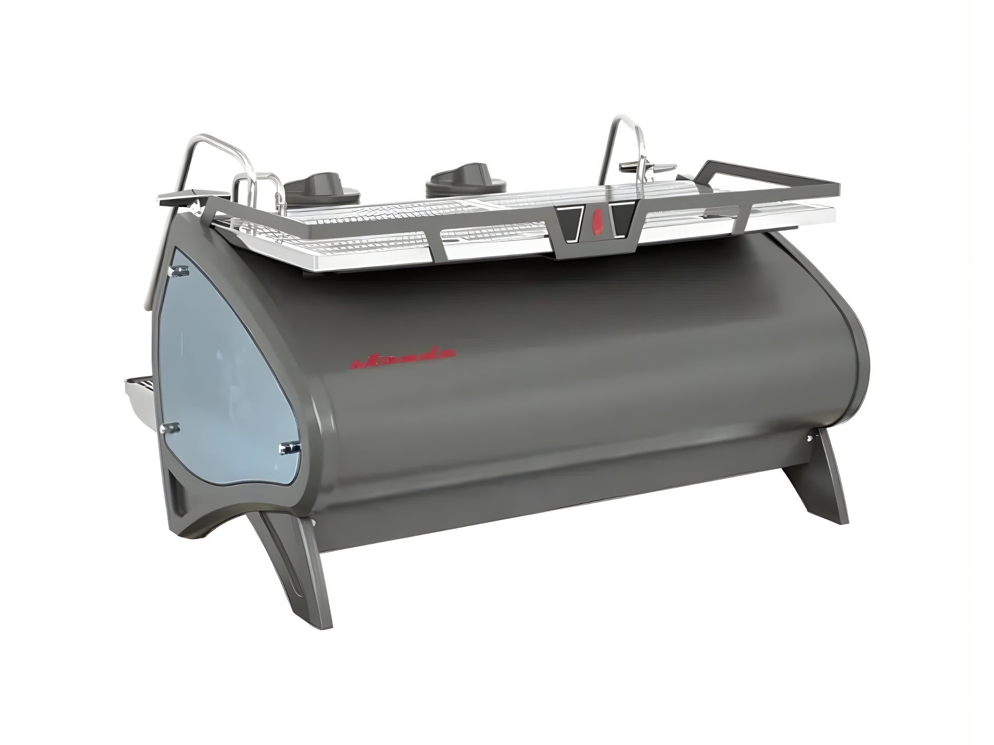 Angled back view of La Marzocco Strada S 2 Group Stainless espresso coffee machine on a white background, showing body, boiler access panels, and water connections.