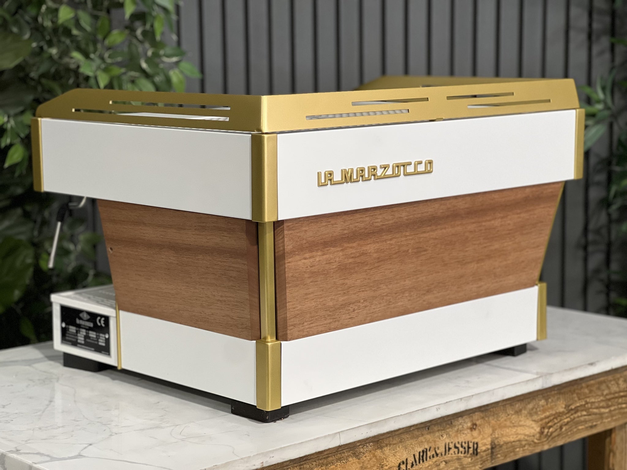 La Marzocco Linea PB 2 Group White & Gold with Timber Panels & Handles