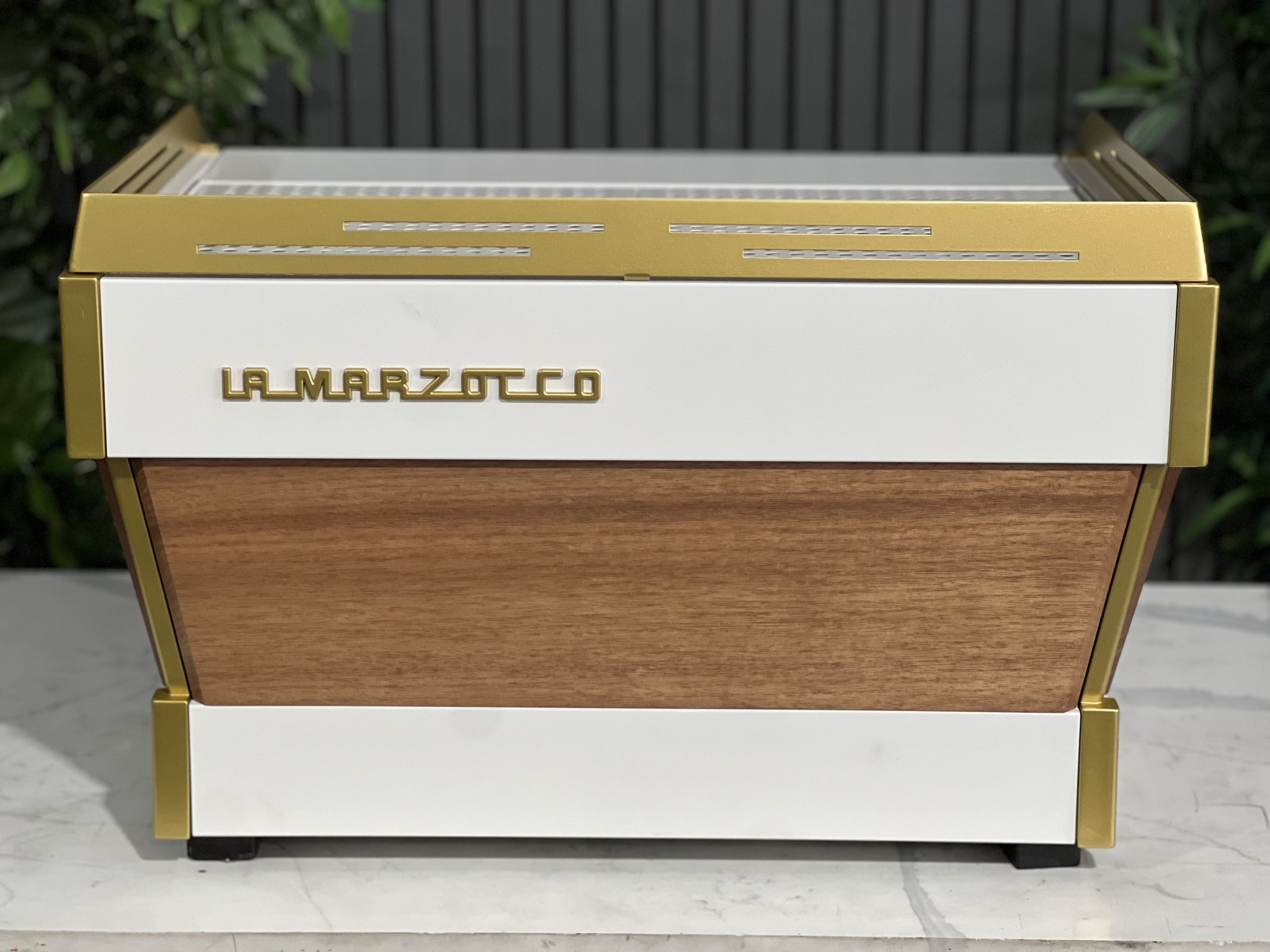 La Marzocco Linea PB 2 Group White & Gold with Timber Panels & Handles