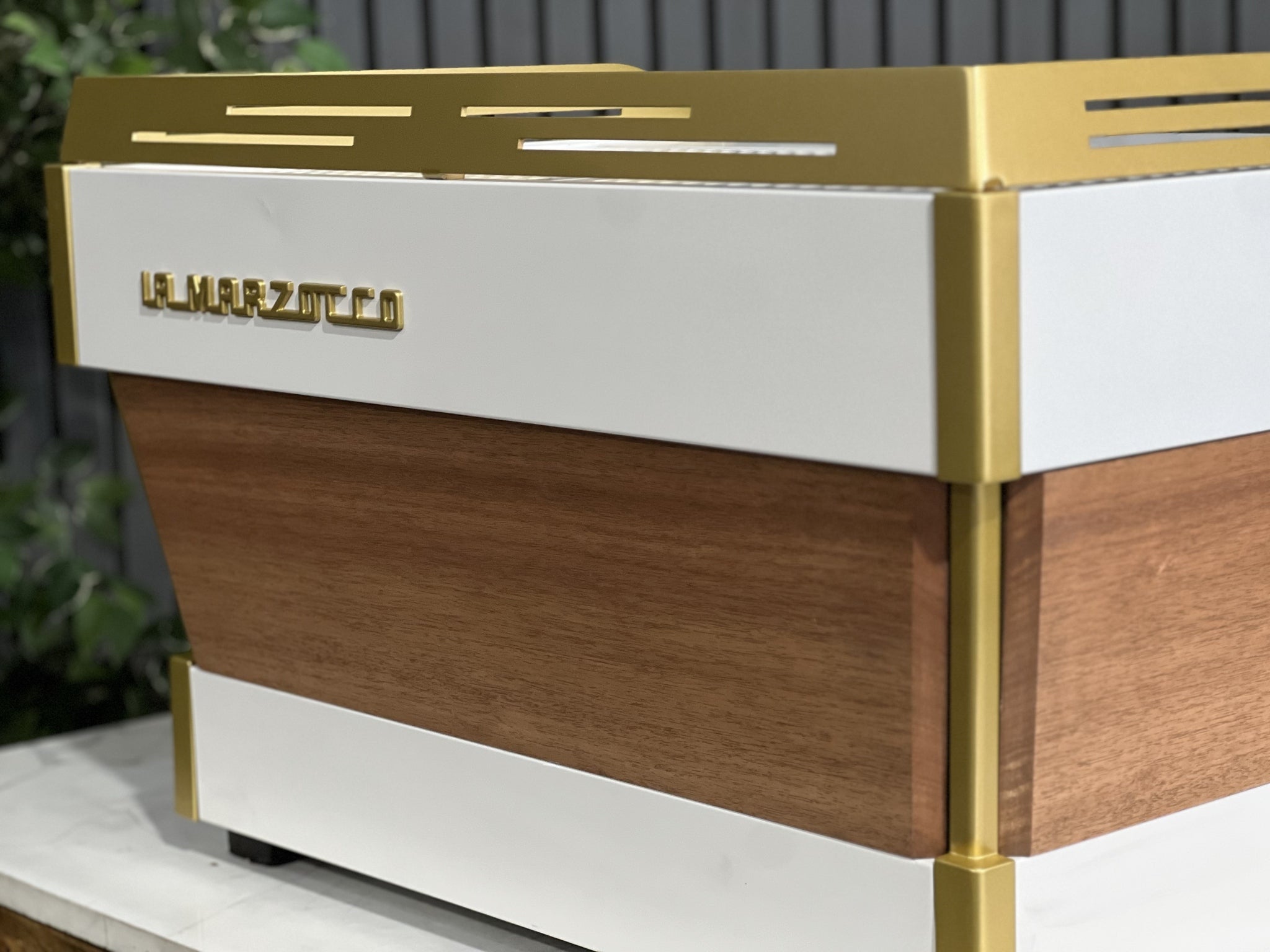 La Marzocco Linea PB 2 Group White & Gold with Timber Panels & Handles