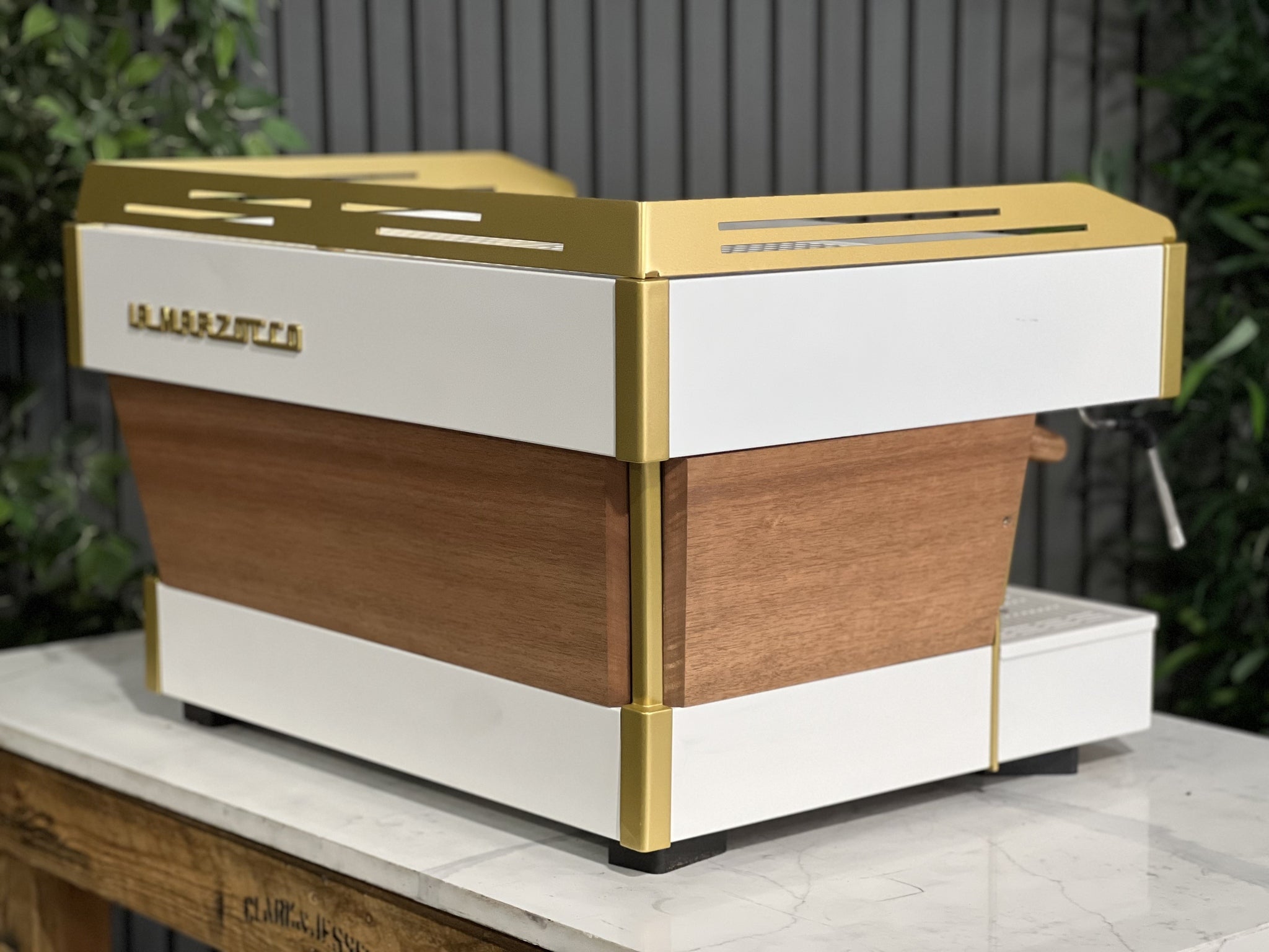 La Marzocco Linea PB 2 Group White & Gold with Timber Panels & Handles