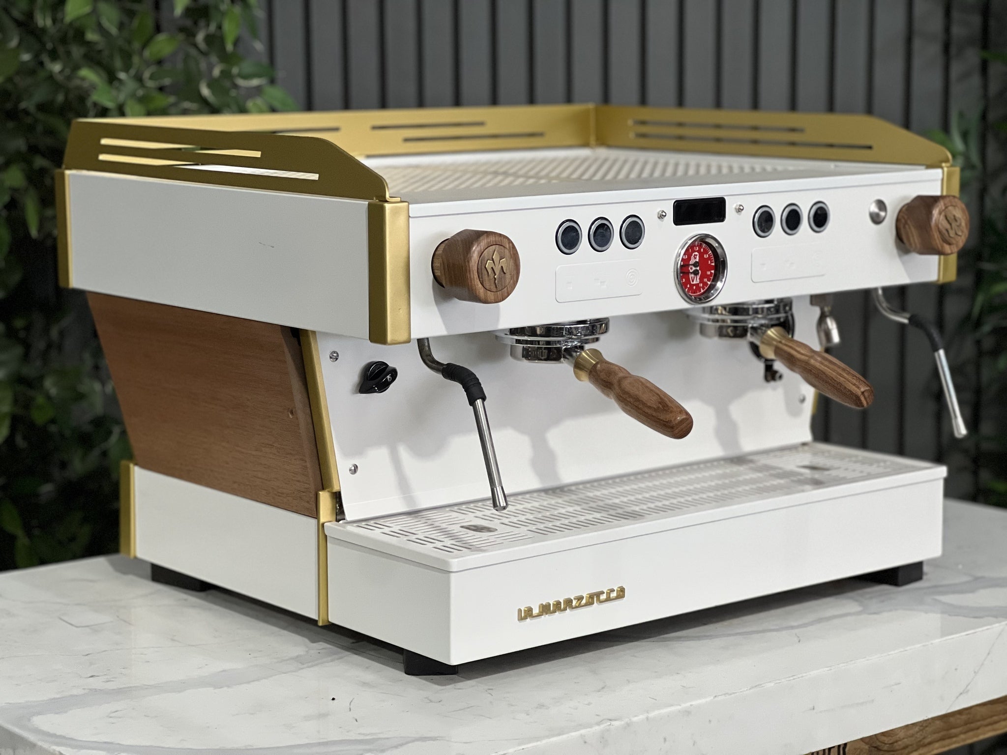 La Marzocco Linea PB 2 Group White & Gold with Timber Panels & Handles