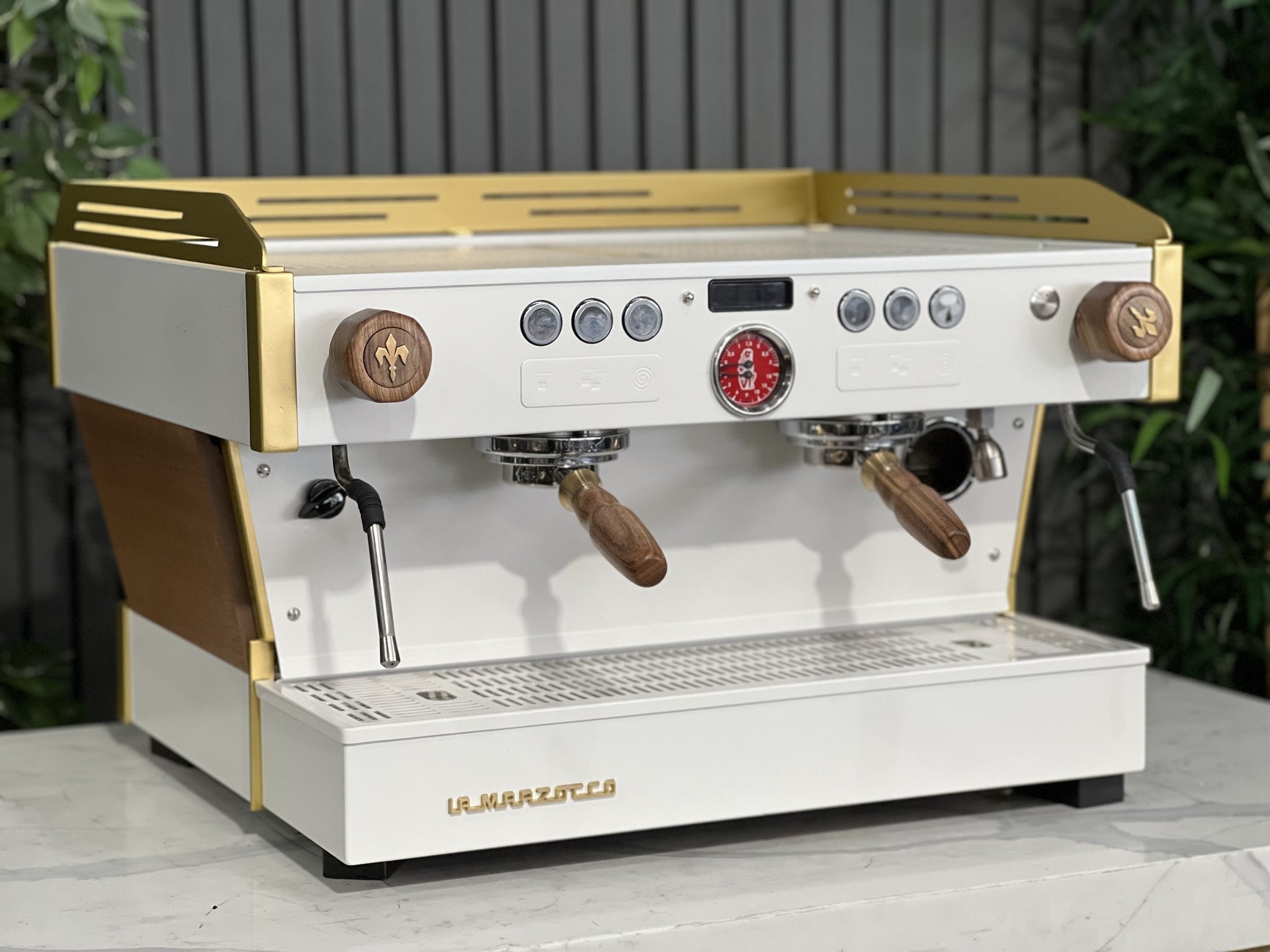 La Marzocco Linea PB 2 Group White & Gold with Timber Panels & Handles