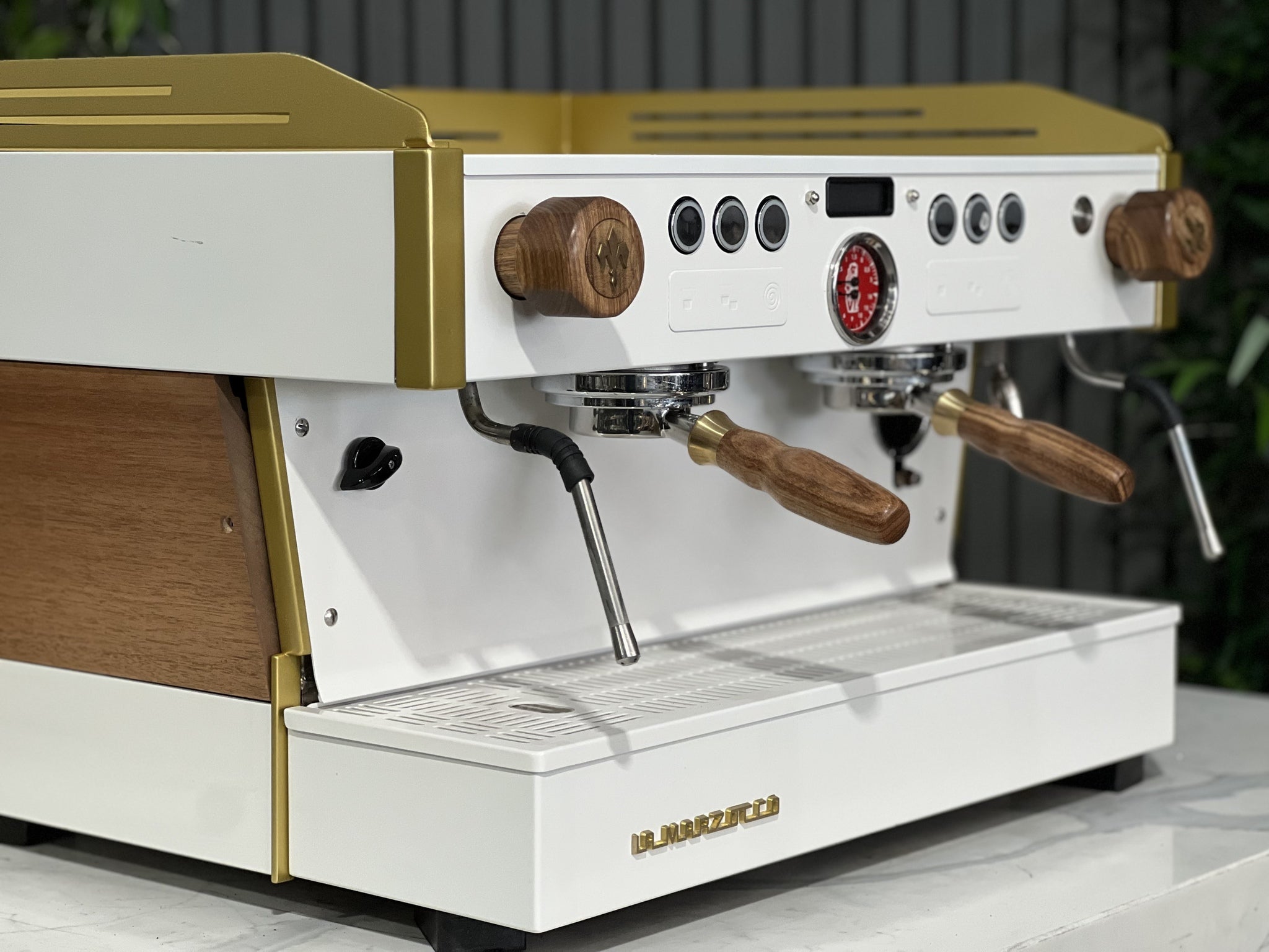 La Marzocco Linea PB 2 Group White & Gold with Timber Panels & Handles