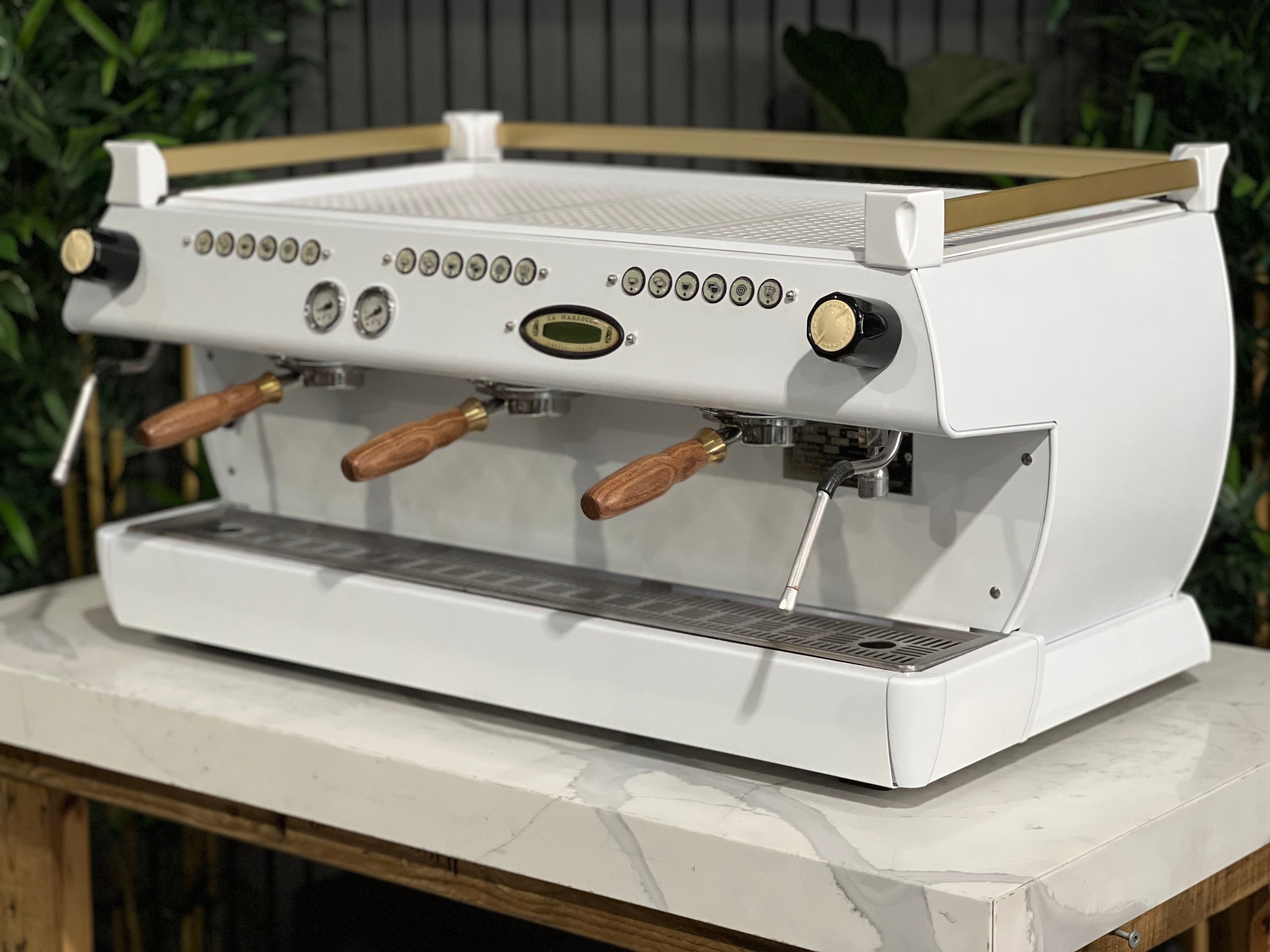 La Marzocco Gb5 3 Group Espresso Coffee Machine White & Gold With Pesado Group Handles
