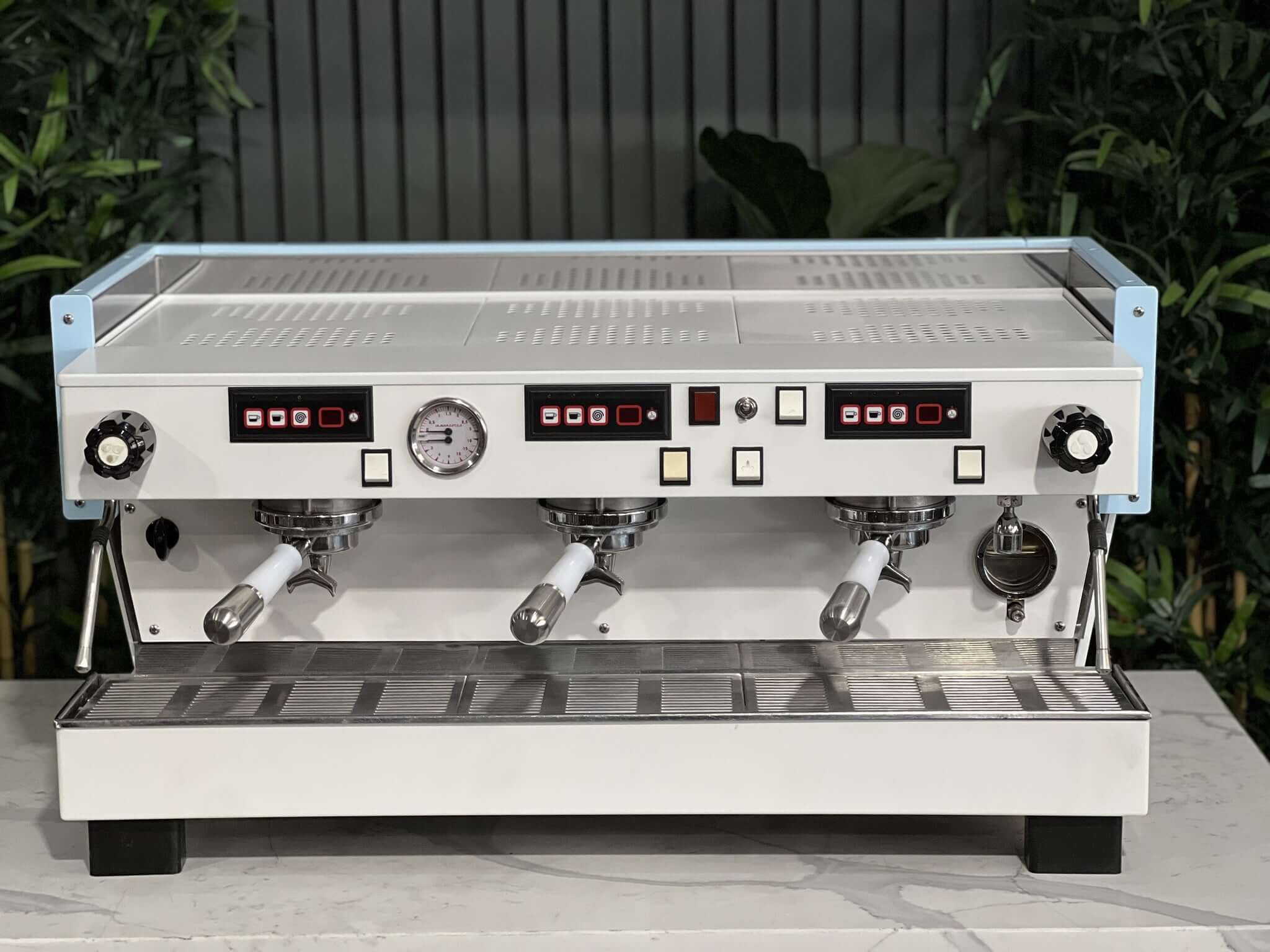 La  Marzocco Linea Classic 3 Group White & Light Blue W. Pesado Handles Espresso Coffee Machine
