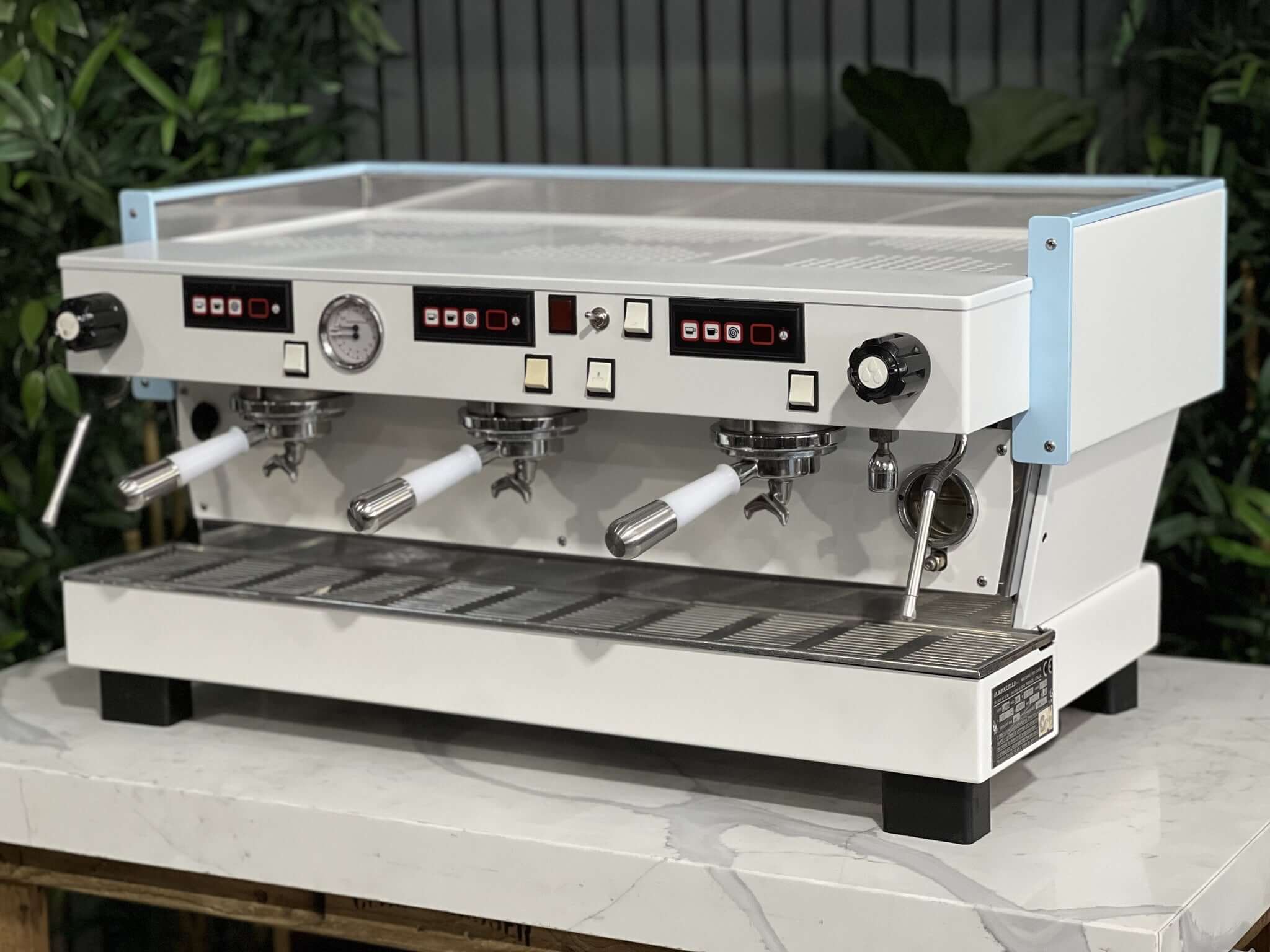 La  Marzocco Linea Classic 3 Group White & Light Blue W. Pesado Handles Espresso Coffee Machine