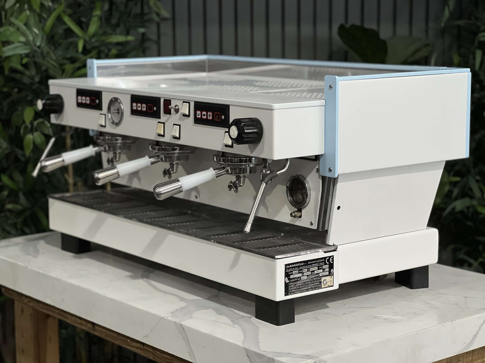La  Marzocco Linea Classic 3 Group White & Light Blue W. Pesado Handles Espresso Coffee Machine