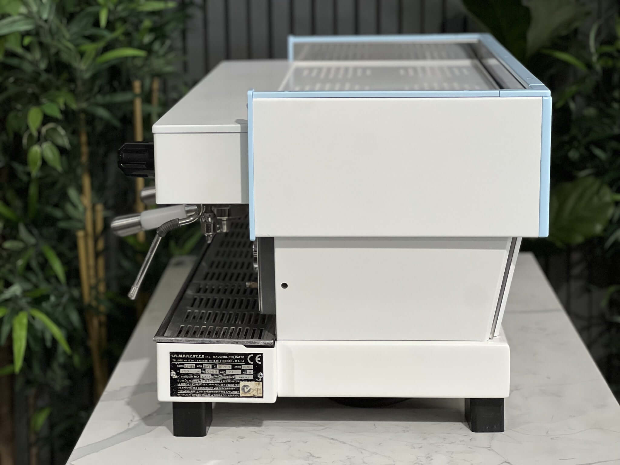 La  Marzocco Linea Classic 3 Group White & Light Blue W. Pesado Handles Espresso Coffee Machine