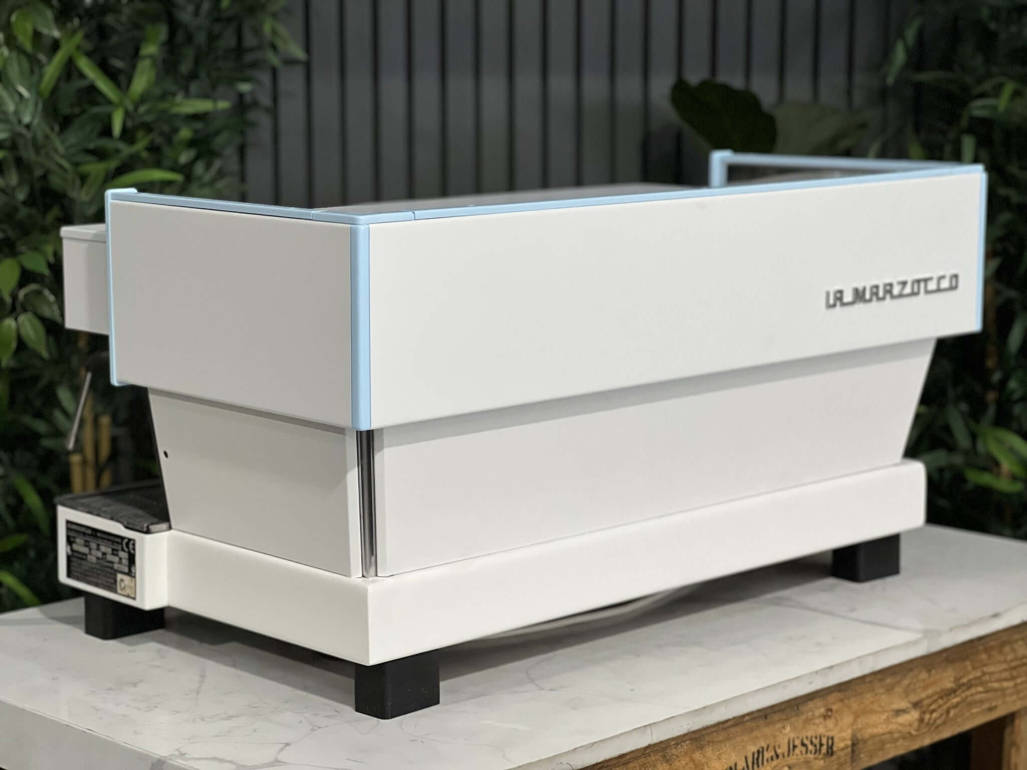 La  Marzocco Linea Classic 3 Group White & Light Blue W. Pesado Handles Espresso Coffee Machine