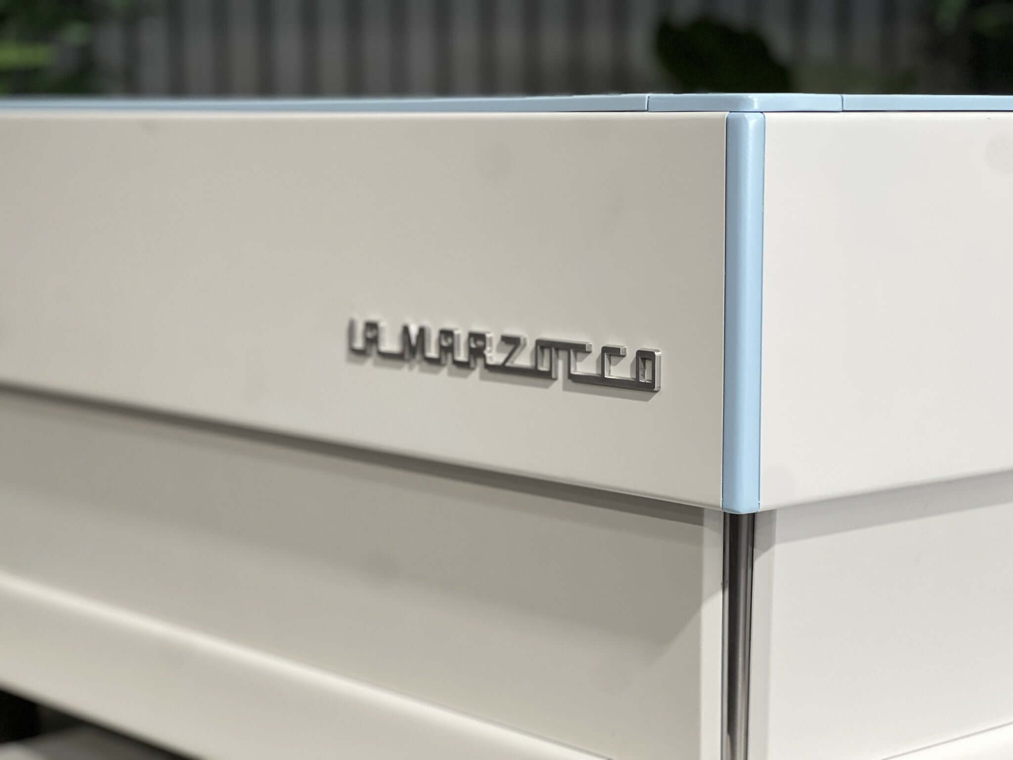 La  Marzocco Linea Classic 3 Group White & Light Blue W. Pesado Handles Espresso Coffee Machine