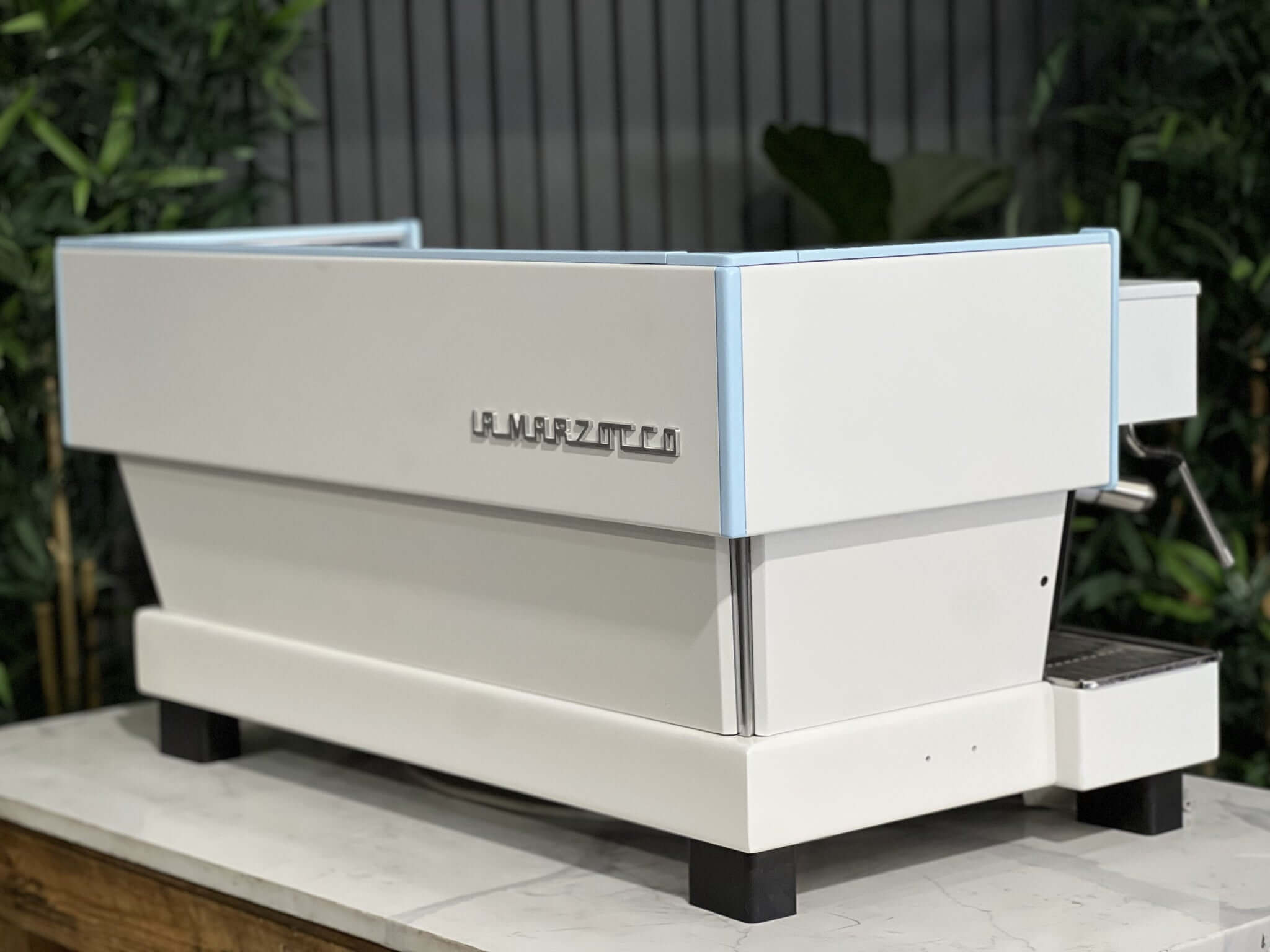La  Marzocco Linea Classic 3 Group White & Light Blue W. Pesado Handles Espresso Coffee Machine