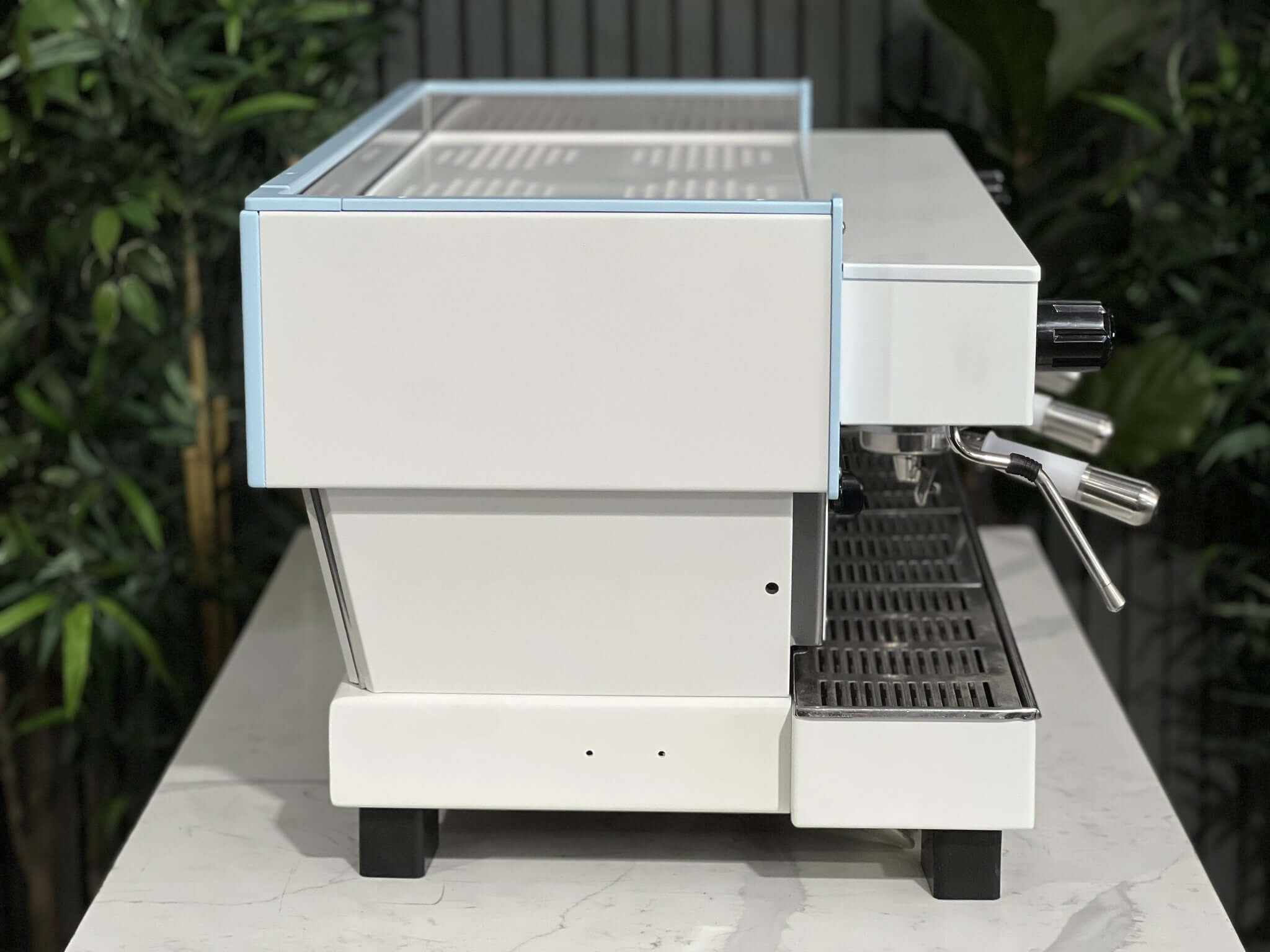 La  Marzocco Linea Classic 3 Group White & Light Blue W. Pesado Handles Espresso Coffee Machine