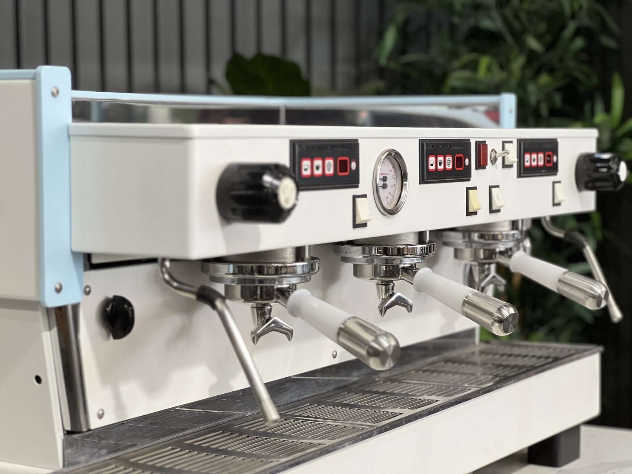 La  Marzocco Linea Classic 3 Group White & Light Blue W. Pesado Handles Espresso Coffee Machine