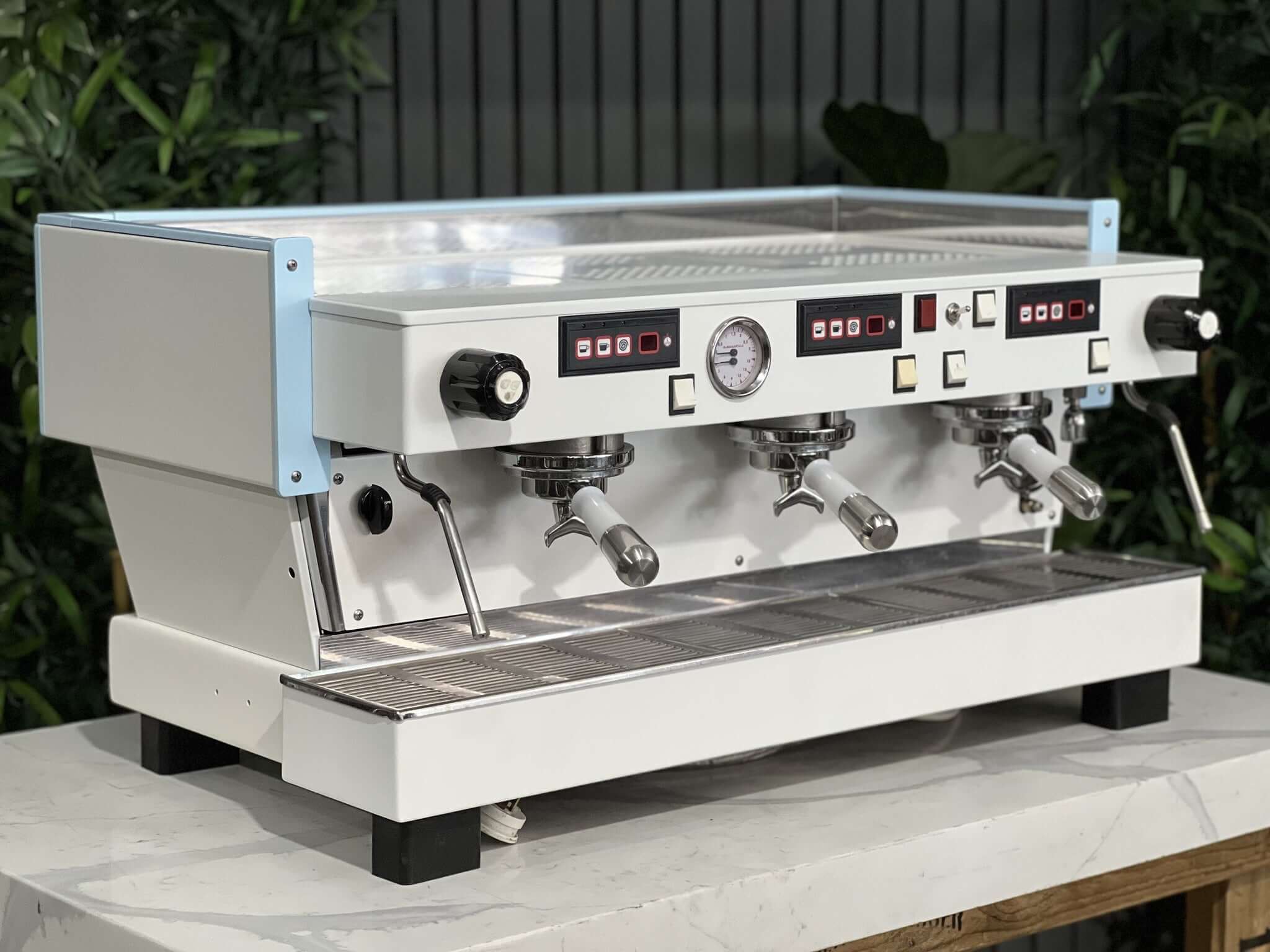 La  Marzocco Linea Classic 3 Group White & Light Blue W. Pesado Handles Espresso Coffee Machine