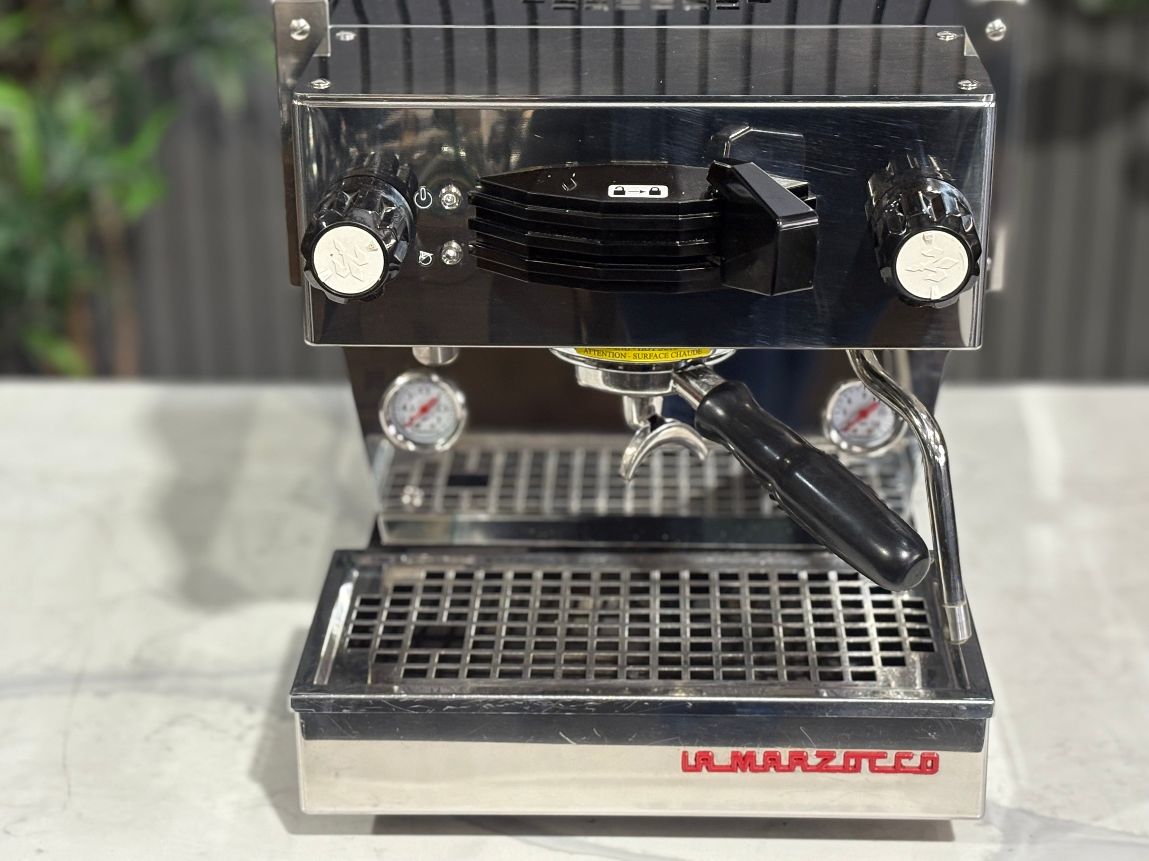 La Marzocco Linea Mini MP 1 Group Coffee Machine Stainless - Used on countertop with gauges and portafilter visible.