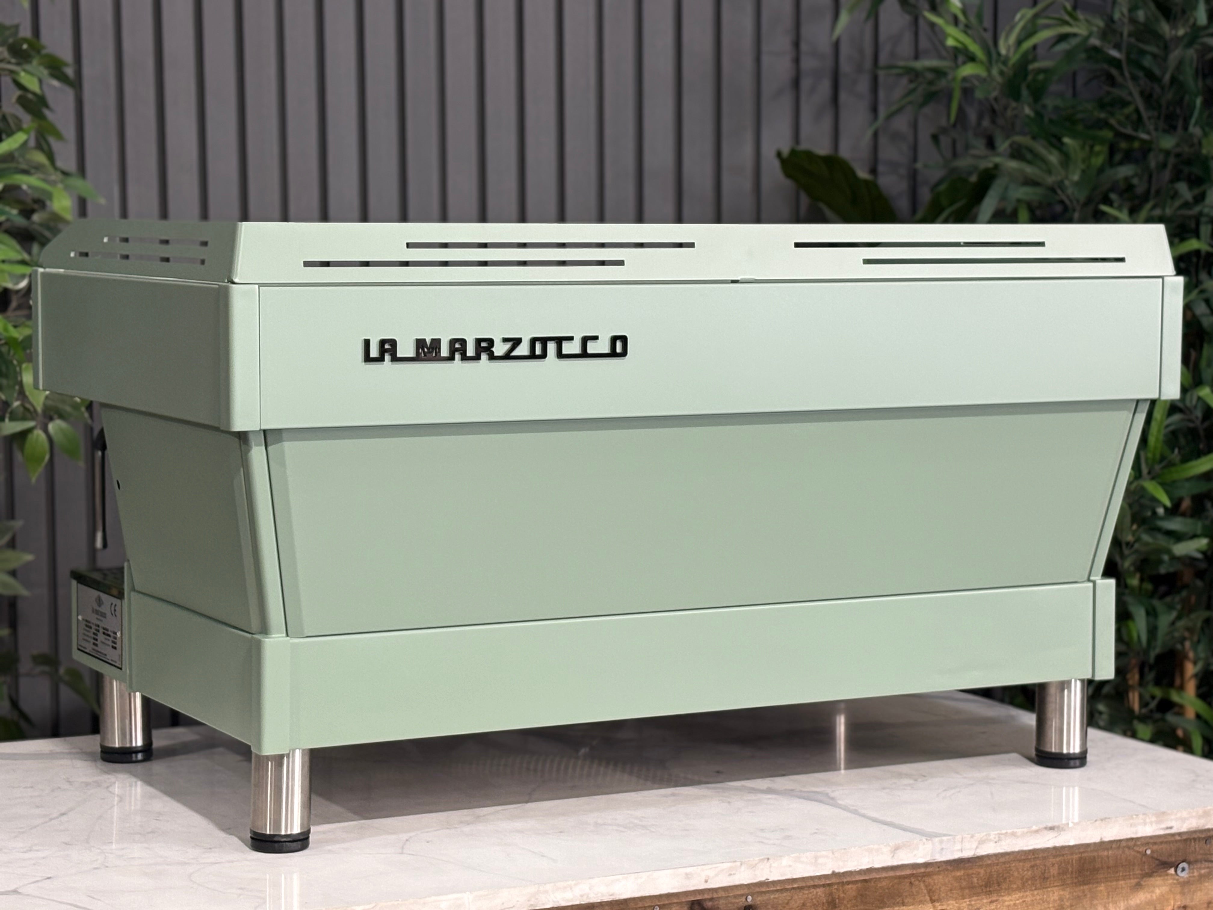 La Marzocco Linea PB 3 Group Coffee Machine Mint Green - Used displayed on a countertop.