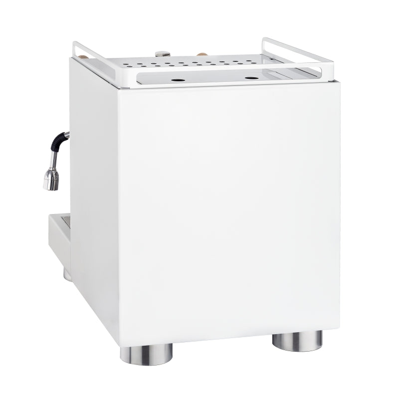 La Pavoni Cellini EVO PID 1 Group Espresso Coffee Machine side view in white with oak finish and chrome details