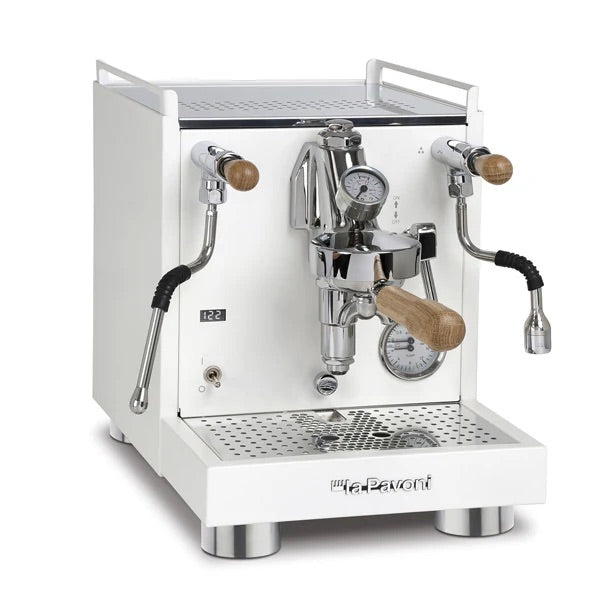 La Pavoni Cellini EVO PID 1 Group Espresso Coffee Machine in White with Oak, showcasing PID temperature control features.