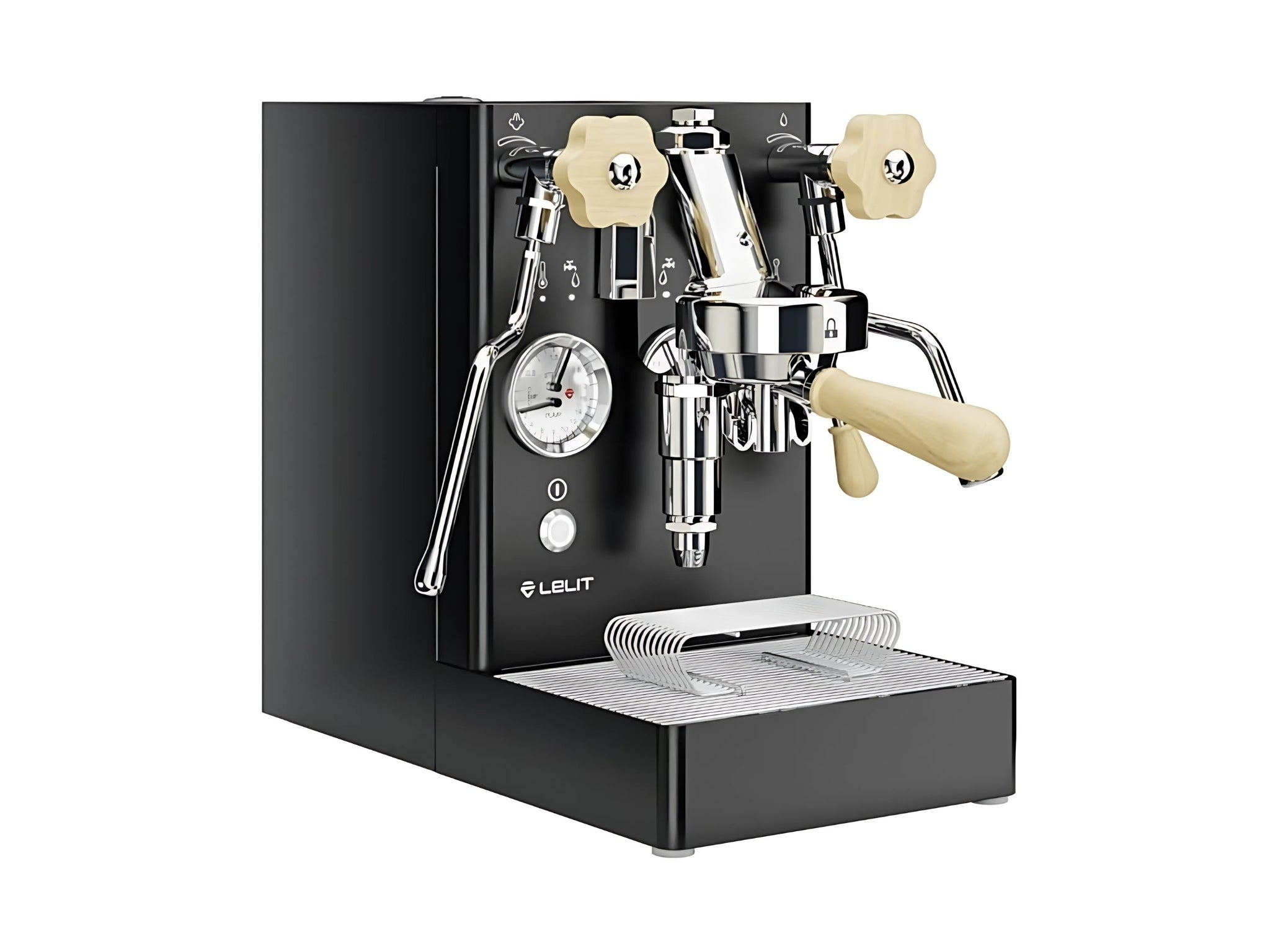 LeLit Mara X 1 Group Coffee Machine Black & Timber – New espresso coffee machine shown at an angle, featuring a black body with timber accents, E61 group head, cool touch steam wand, and stainless steel cup tray.