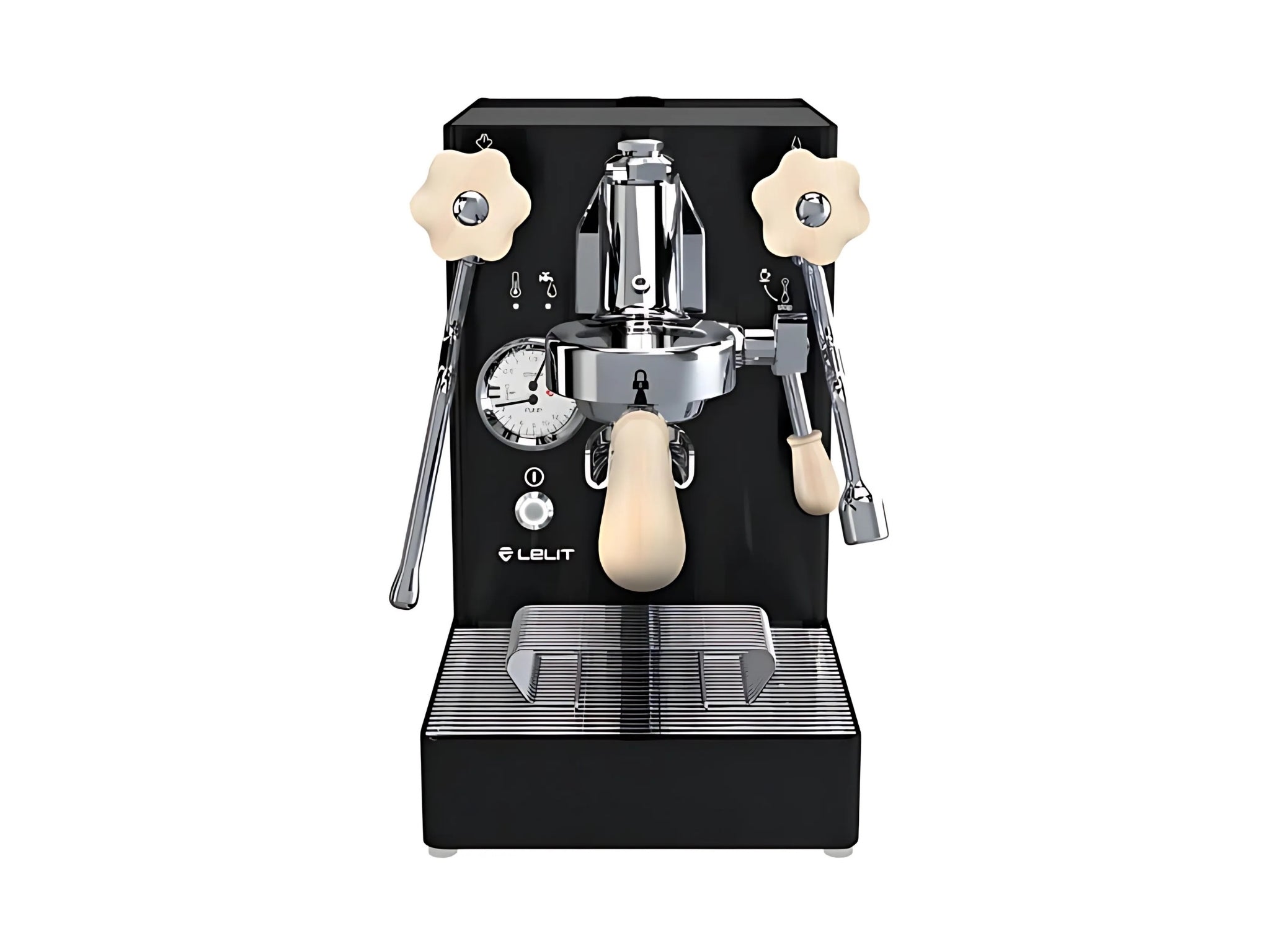LeLit Mara X 1 Group Coffee Machine Black & Timber – New espresso coffee machine displayed front-on, highlighting the E61 group head, manual lever steam control, dual steam and brew pressure gauge, and black body with timber detailing.