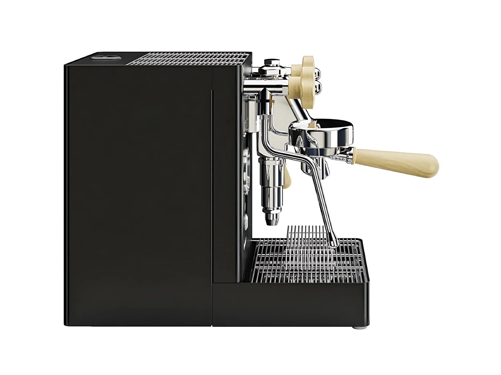 LeLit Mara X 1 Group Coffee Machine Black & Timber – New espresso coffee machine side profile, showing the black body finish, timber detailing, and cool touch steam wand.