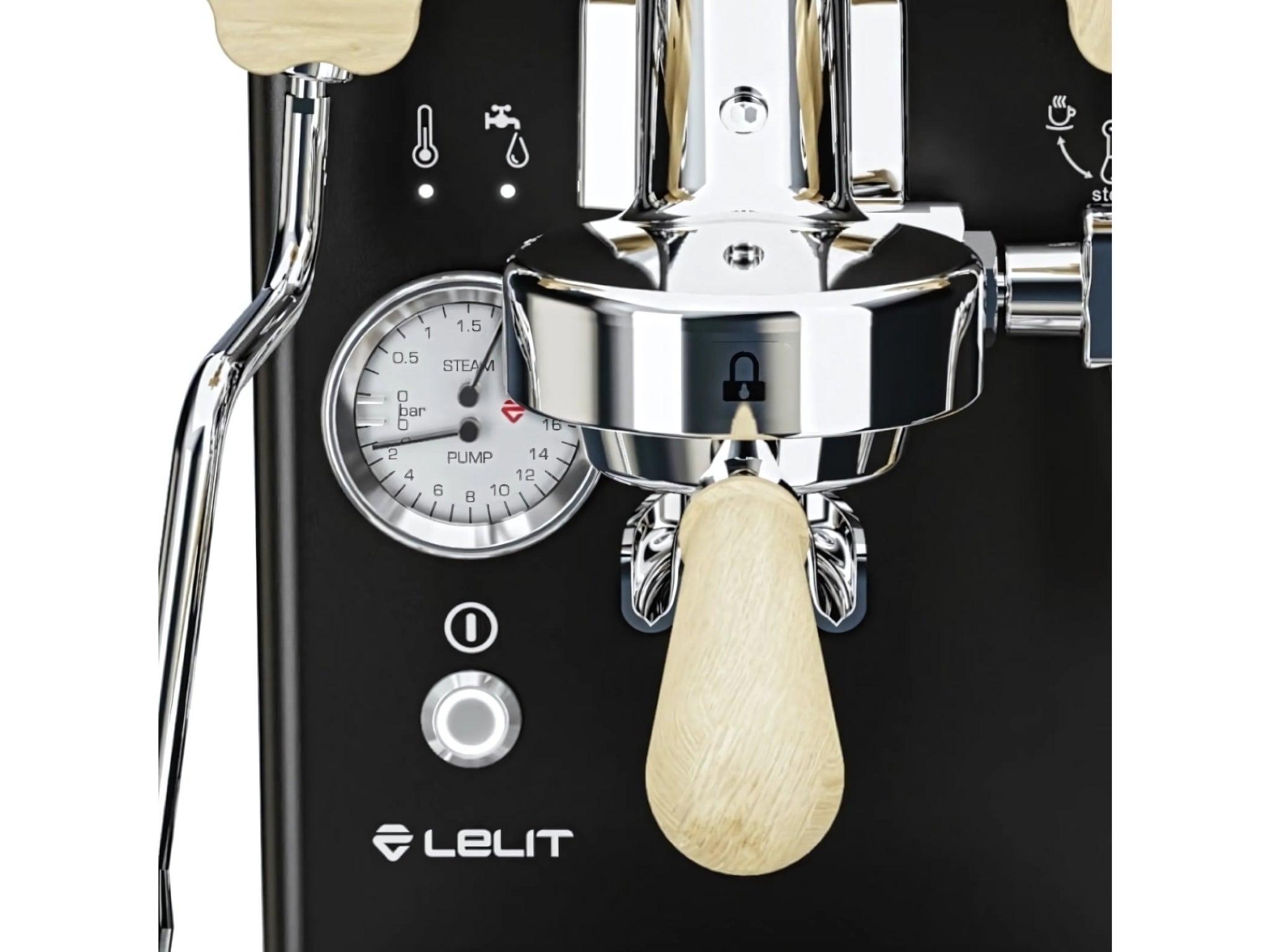 LeLit Mara X 1 Group Coffee Machine Black & Timber – New espresso coffee machine close-up front view, focusing on the E61 group head, manual lever steam control, pressure gauge, and premium black and timber finish.