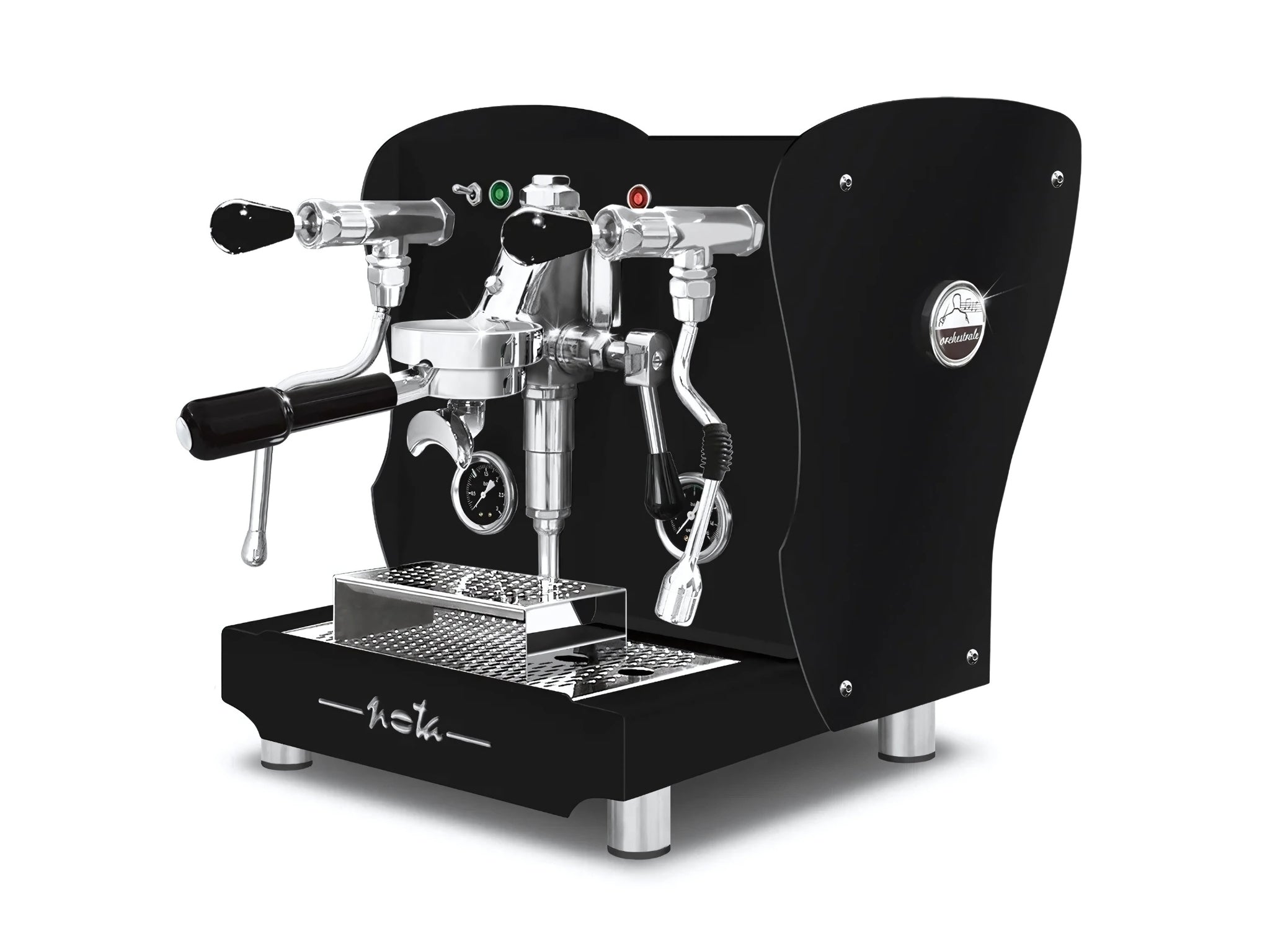 A new Orchestrale Nota 1 Group Coffee Machine in Black on a white background. The machine is photographed on an angle facing the right the front and side of the machine is visible.
