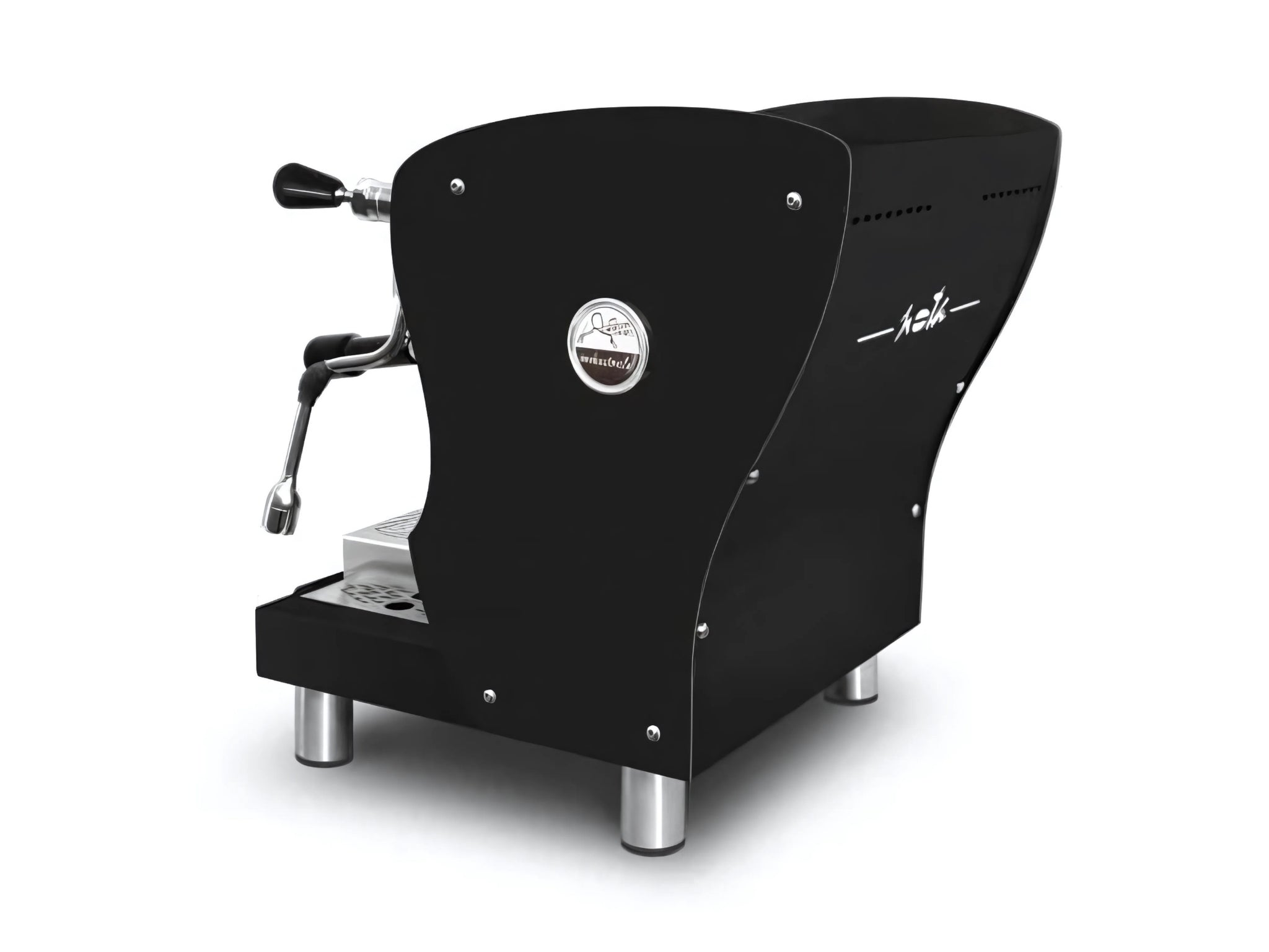 A new Orchestrale Nota 1 Group Coffee Machine in Black on a white background. The machine is photographed from behind the machine and the back and side of the machine is visible.