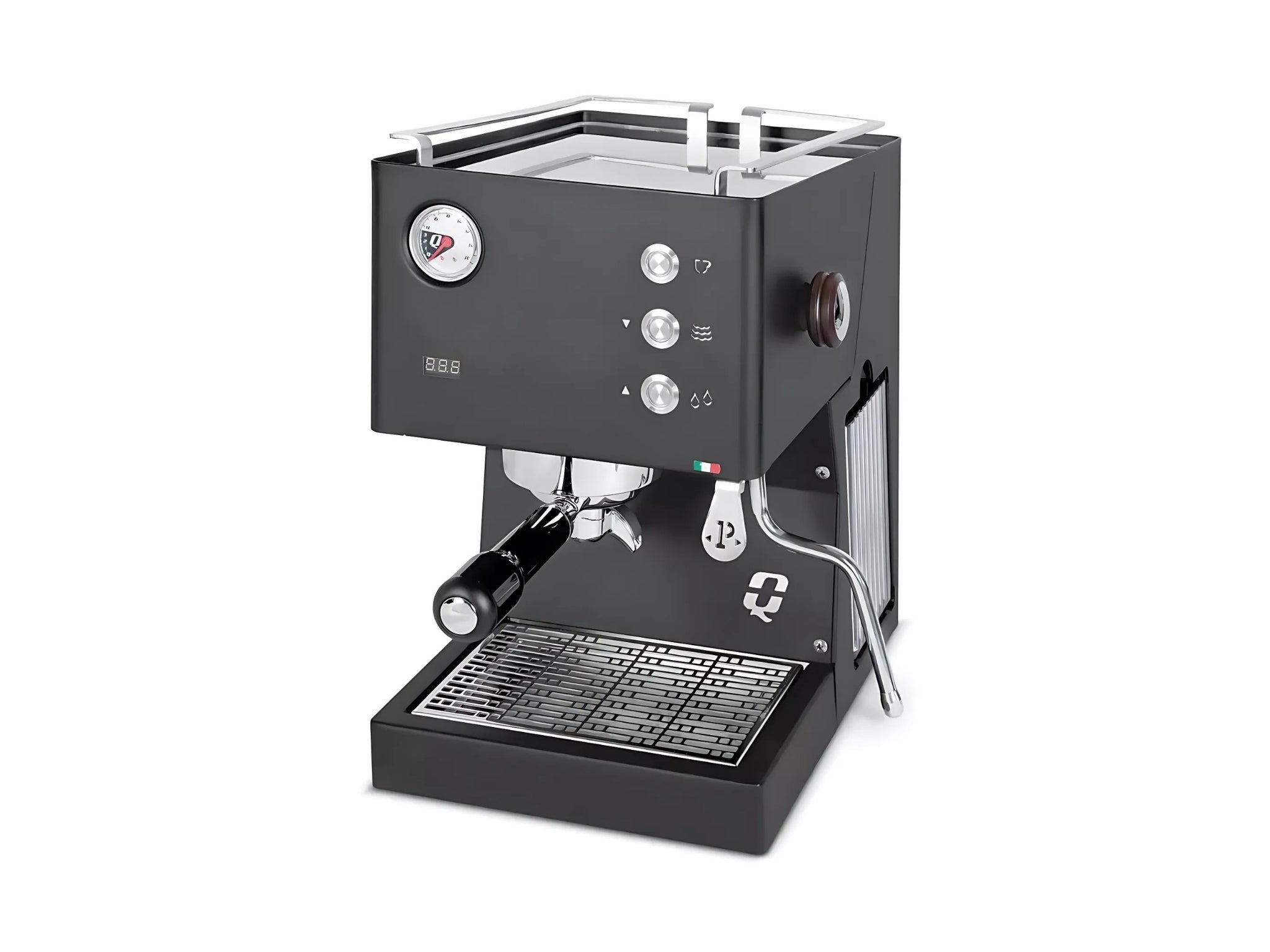 Quick Mill Pop Up 1 Group Coffee Machine Black - New angled view showing the full espresso coffee machine with its compact black body, timber steam knob, and no burn steam wand displayed clearly against a clean white background.