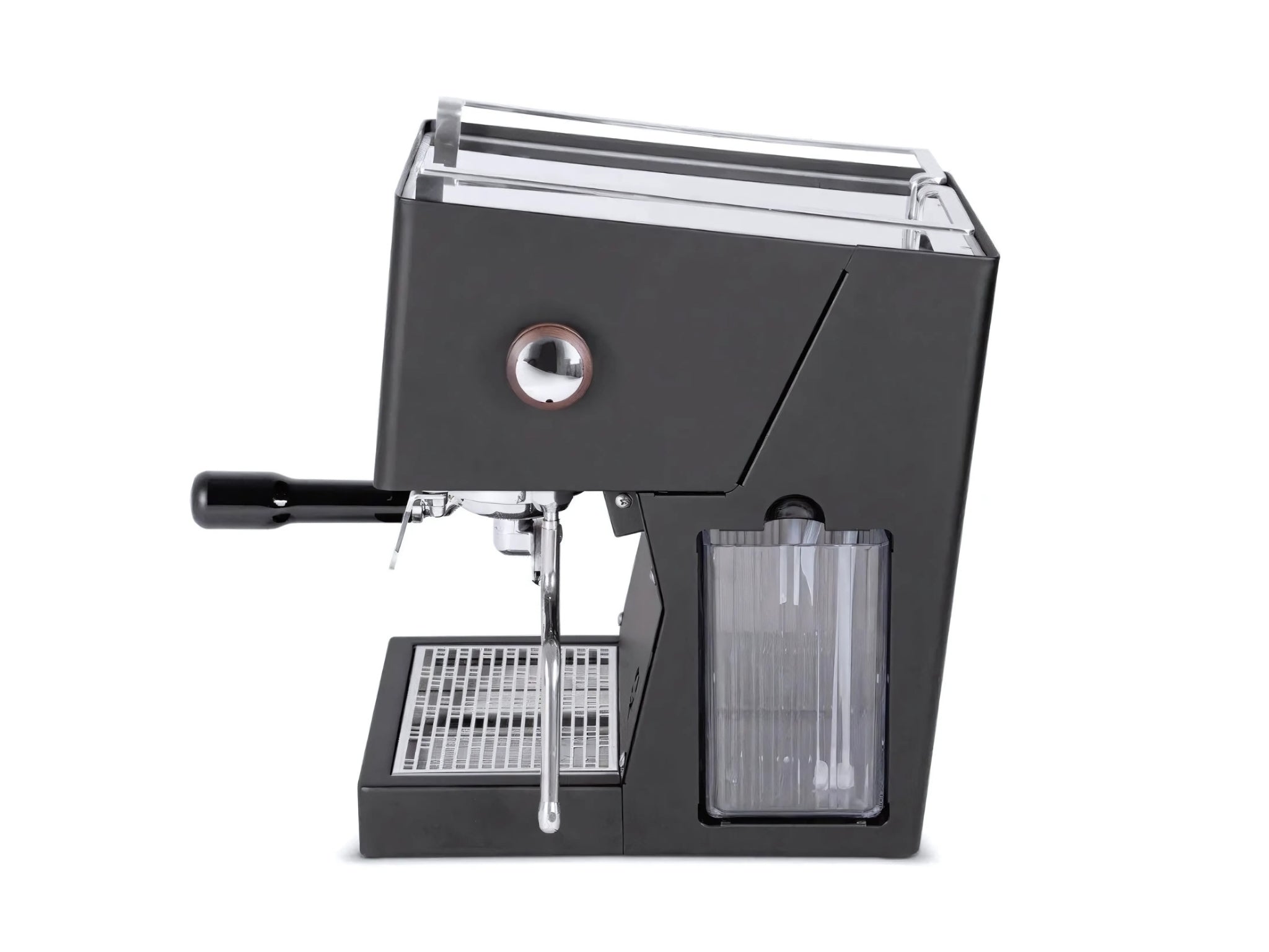 Quick Mill Pop Up 1 Group Coffee Machine Black - New side view showcasing the slim profile, timber steam knob, and brass-lined espresso construction in a minimalist black body.