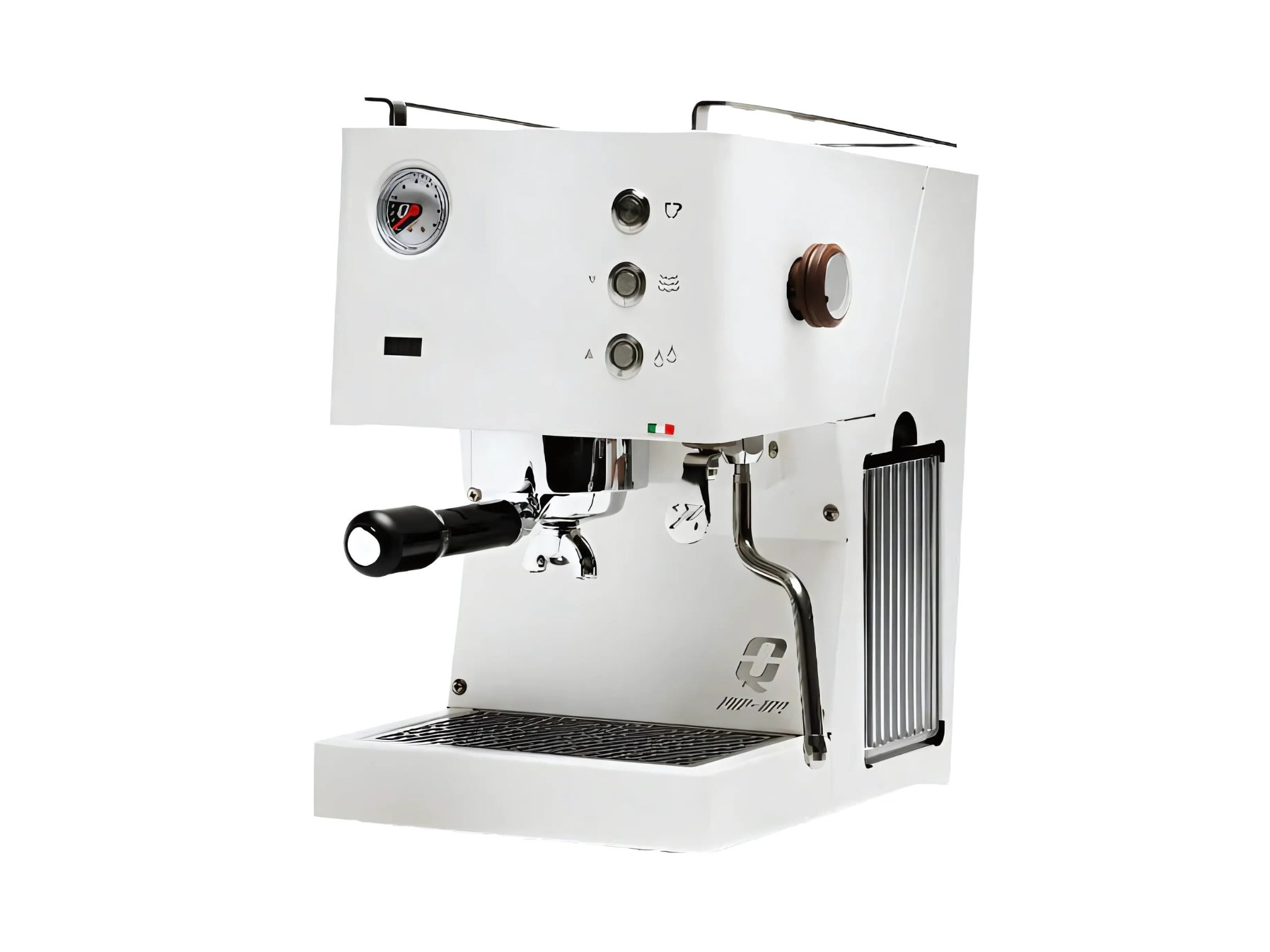 Quick Mill Pop Up 1 Group Coffee Machine White - New shown at an angle against a clean white background. This compact espresso coffee machine features a white body, timber steam knob, and no burn steam wand, ideal for home use.