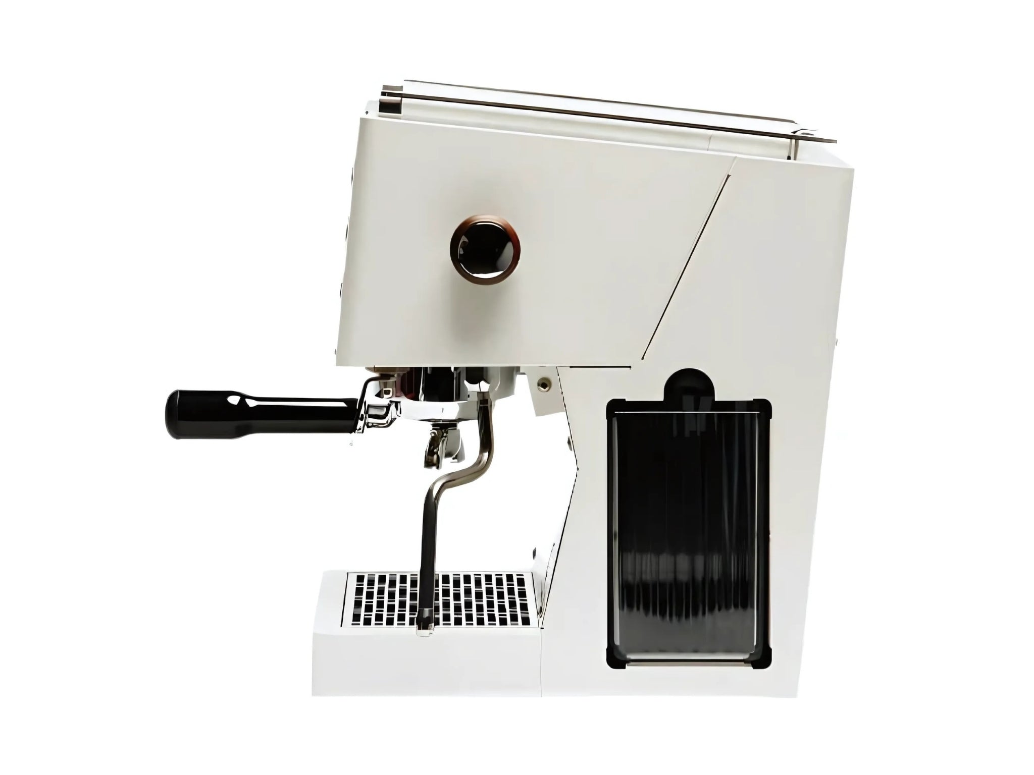 Quick Mill Pop Up 1 Group Coffee Machine White - New presented side-on, showing its compact depth and slim footprint. This espresso coffee machine includes a timber steam knob and insulated brass boiler.
