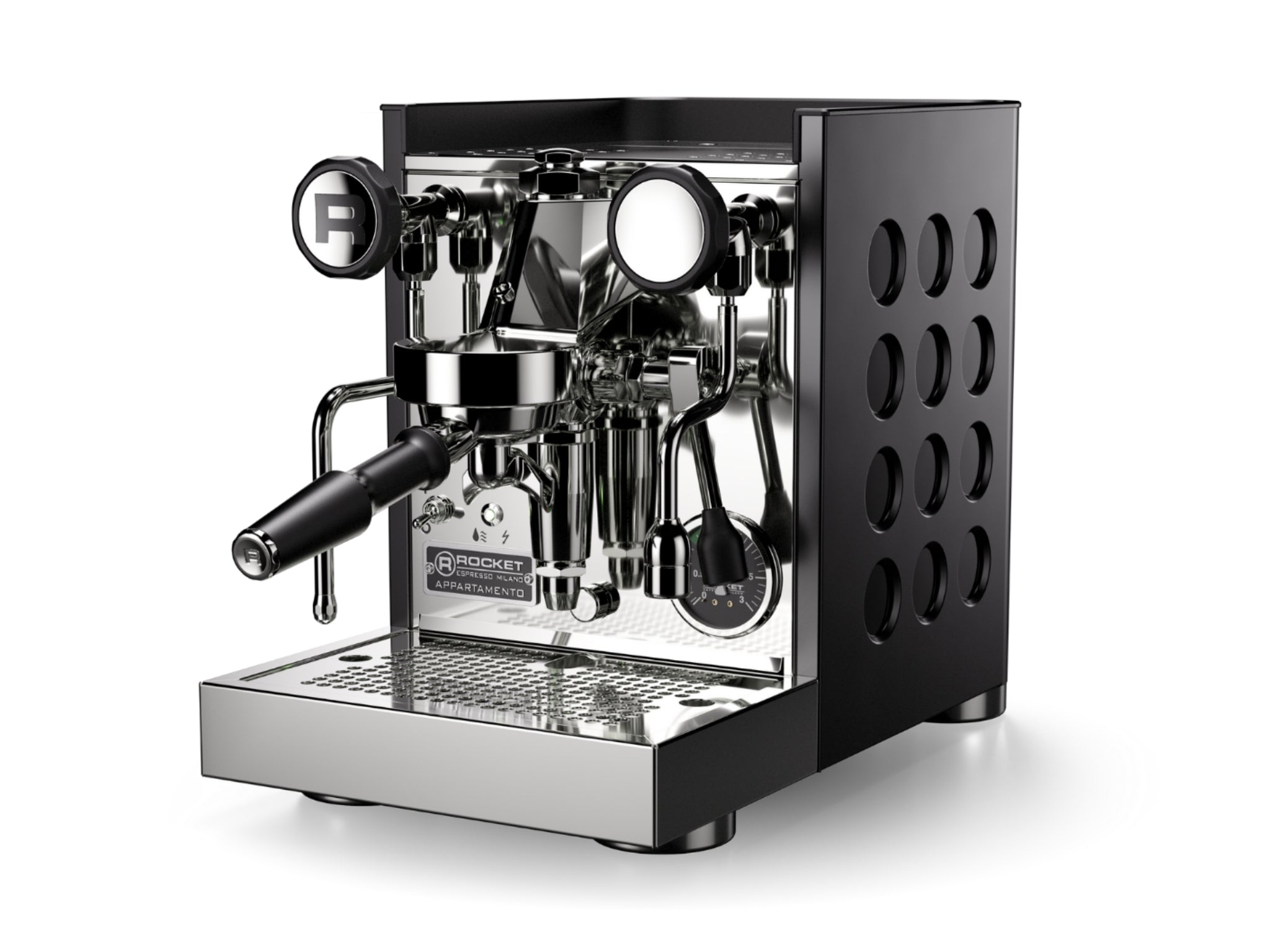 Rocket Appartamento TCA 1 Group Coffee Machine Black with Black Cutouts - New angled view showing E61 group head, 1.8L heat exchanger boiler, mechanical lever, and upgraded drip tray on a clean white background.