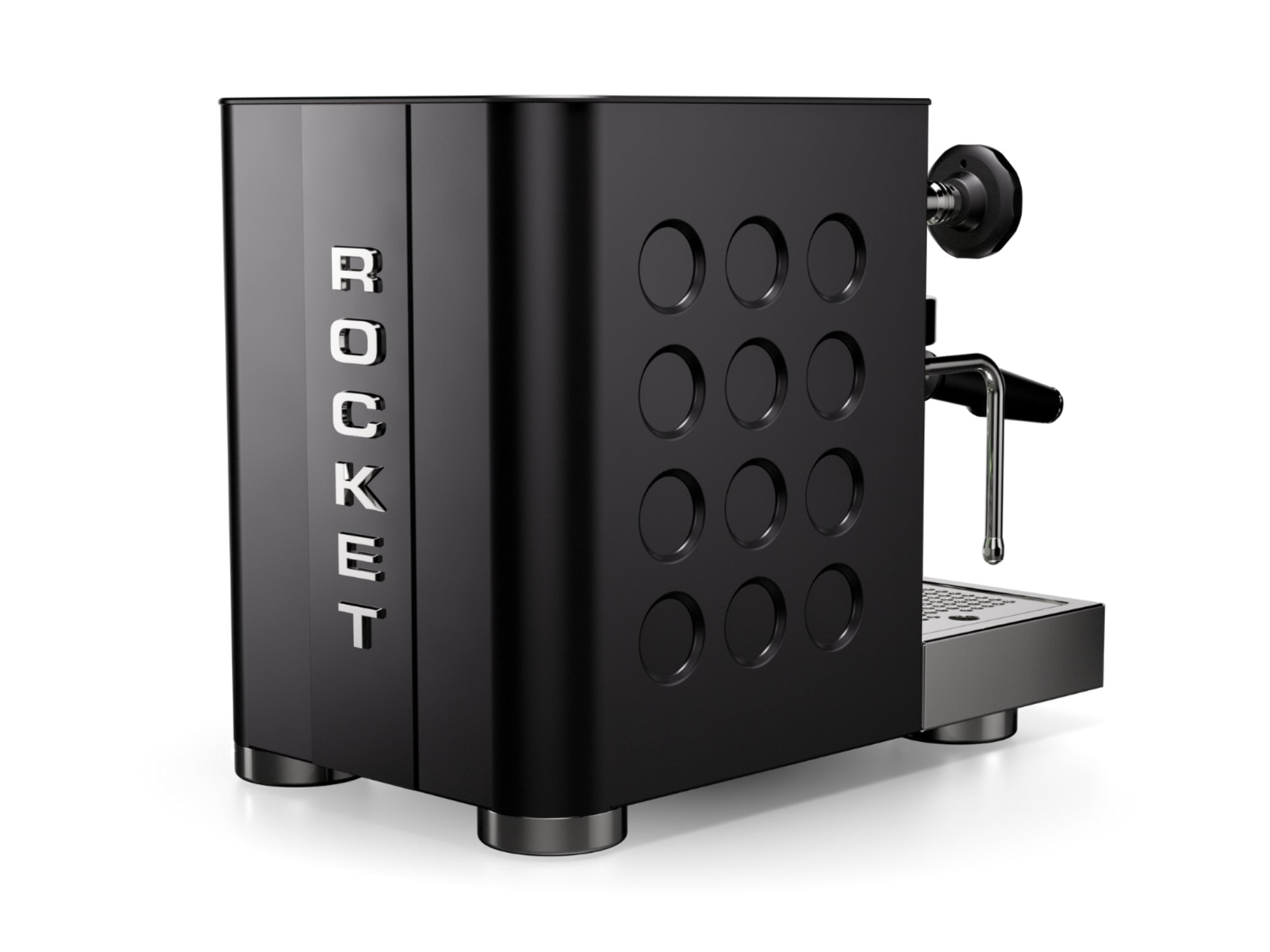 Rocket Appartamento TCA 1 Group Coffee Machine Black with Black Cutouts - New angled back view highlighting vertical Rocket logo, side panel design, and overall black finish on a white background.