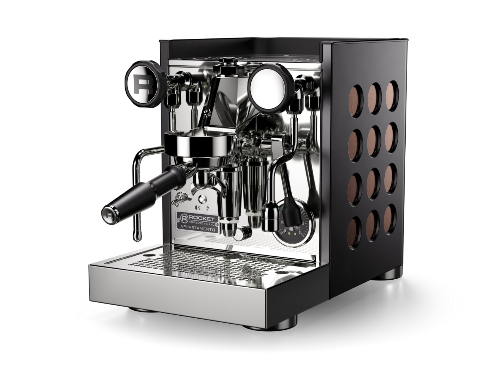 Rocket Appartamento TCA 1 Group Coffee Machine Black with Copper Cutouts – New espresso machine shown at an angled view on a clean white background, featuring stainless steel front panel, black body, copper circular side cutouts, E61 group head, steam wand, and cup tray.