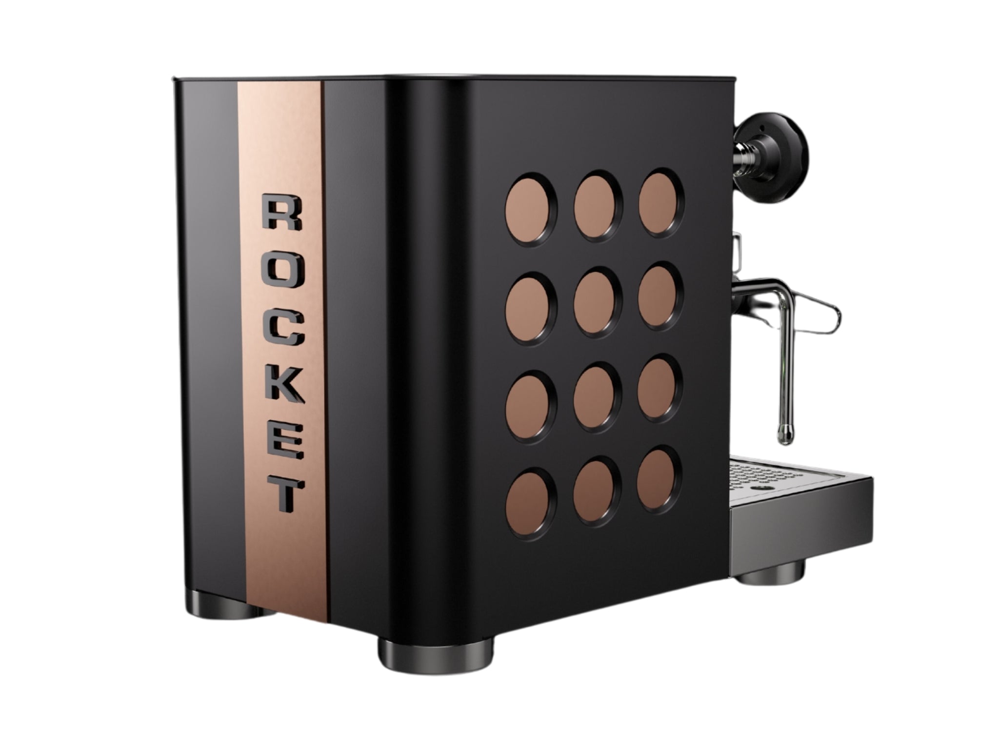 Rocket Appartamento TCA 1 Group Coffee Machine Black with Copper Cutouts – New espresso machine angled from the back on a clean white background, showing the copper-accented side panel, black rear housing, and stainless steel top cup tray.