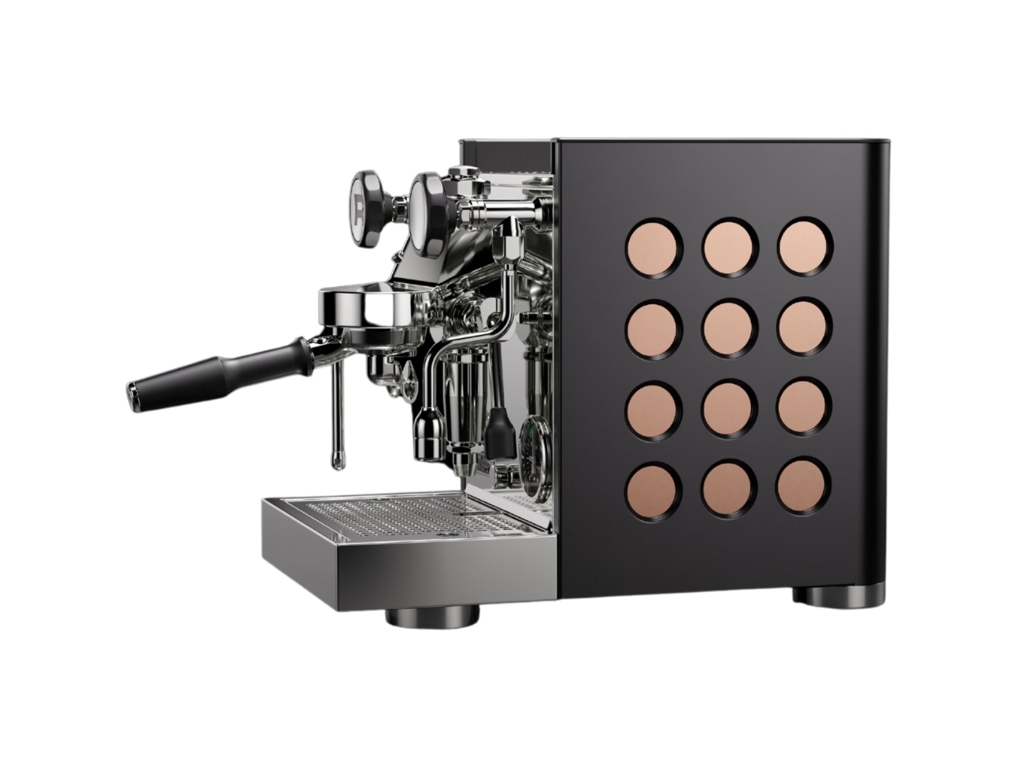 Rocket Appartamento TCA 1 Group Coffee Machine Black with Copper Cutouts – New espresso coffee machine side view against a white background, showcasing the black body with copper circular cutout design, rounded edges, and vertical Rocket logo.