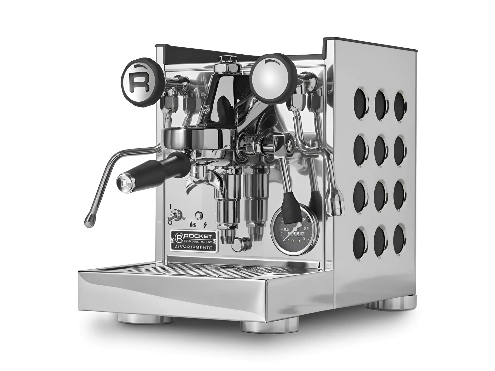 Rocket Appartamento TCA 1 Group Coffee Machine Stainless with Black Cutouts - New, angled view showing the E61 group head, high cup clearance, black drip tray, and stainless steel body with black cutouts on a clean white background.