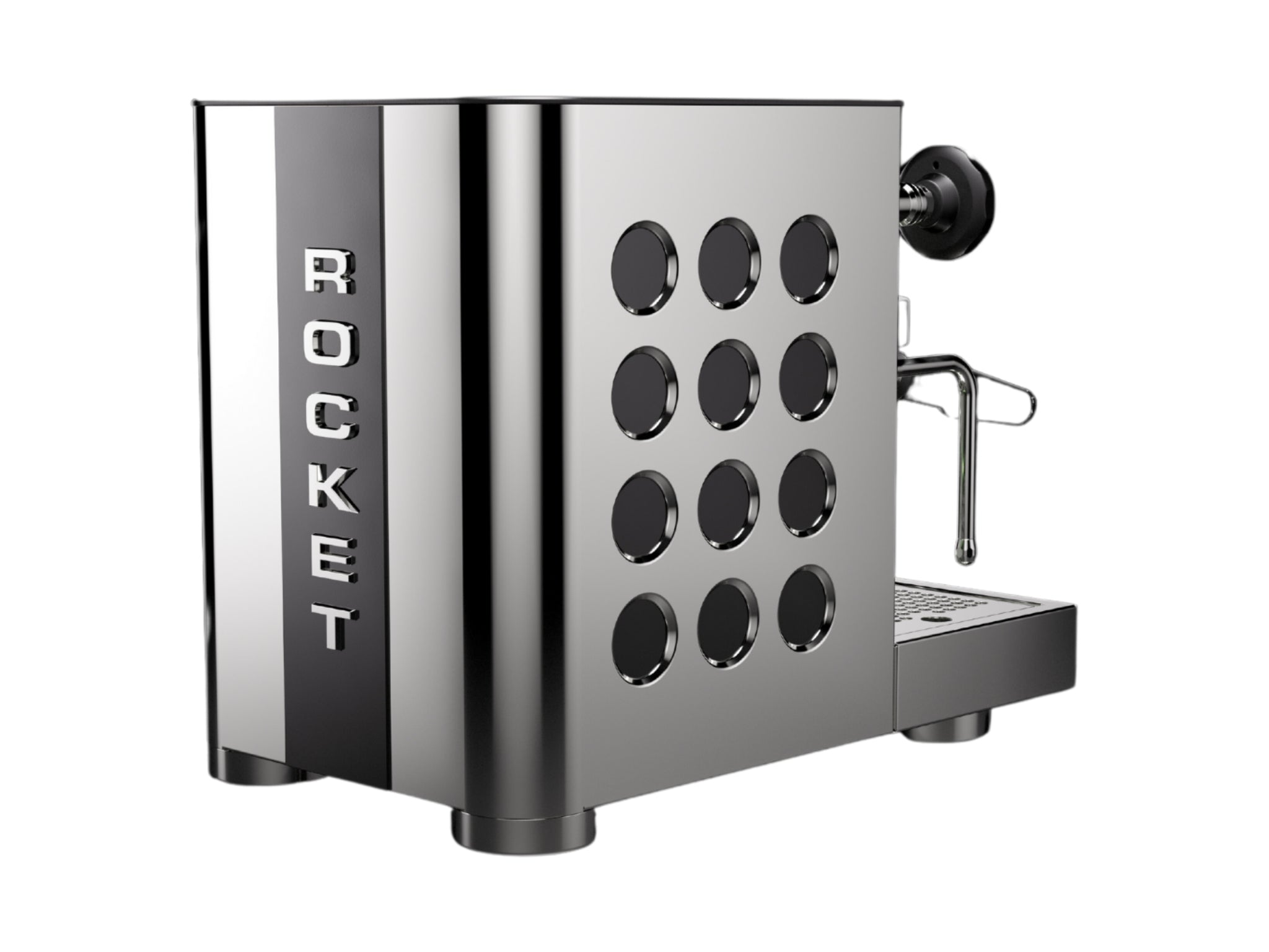Rocket Appartamento TCA 1 Group Coffee Machine Stainless with Black Cutouts - New, angled rear view showing the vertical Rocket logo, black cutouts, and rounded stainless steel edges on a clean white background.