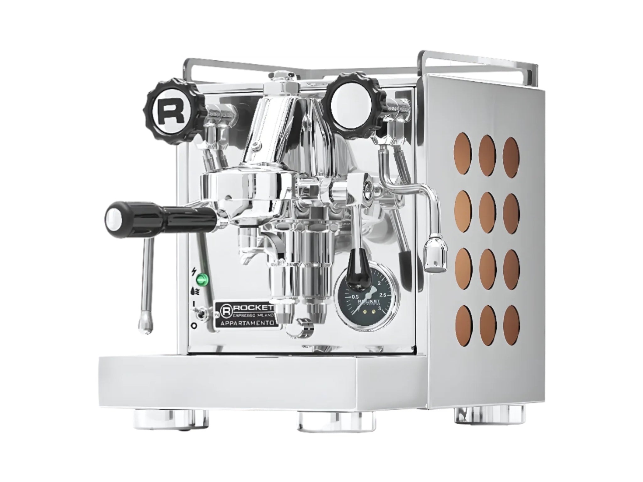 Rocket Appartamento TCA 1 Group Coffee Machine Stainless with Copper Cutouts - New, angled view showing the E61 group head, high cup clearance, activation lever, and wider drip tray on a clean white background.