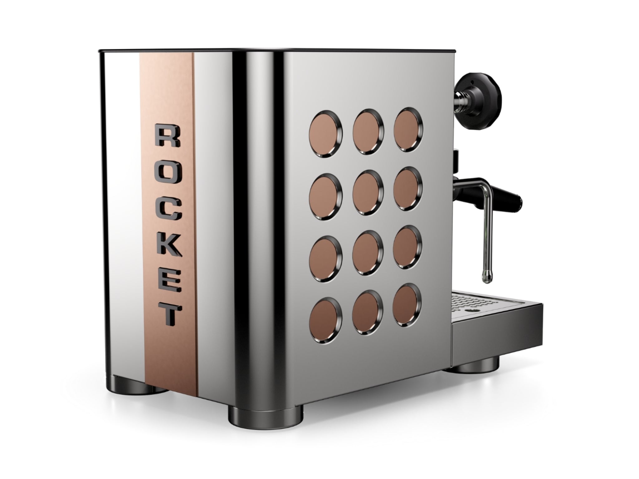 Rocket Appartamento TCA 1 Group Coffee Machine Stainless with Copper Cutouts - New, angled rear view showing the vertical Rocket logo, rounded edges, and copper cutout accents on a clean white background.